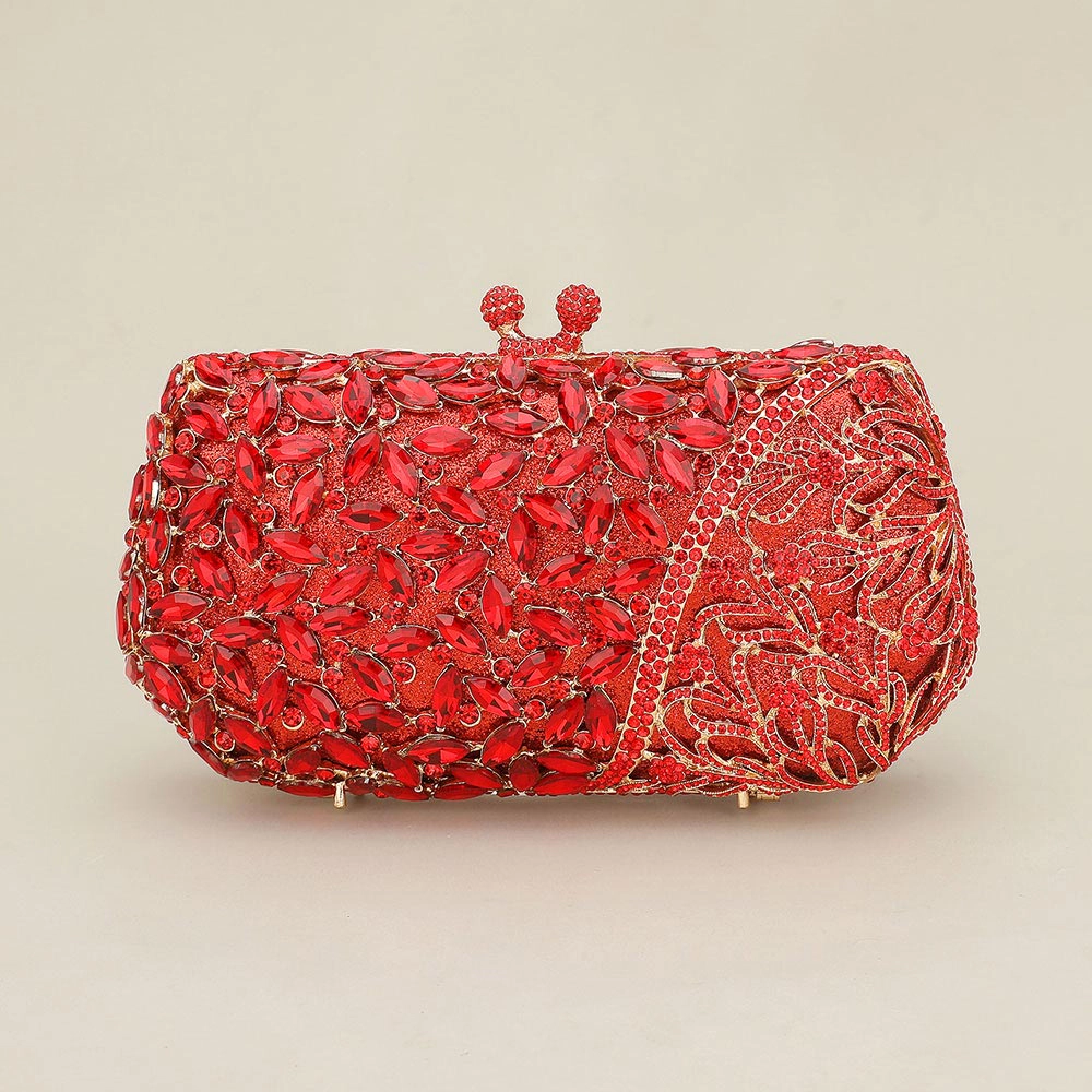FASHNZFAB Floral Leaf Crystal Frame Evening Clutch Shoulder Bag