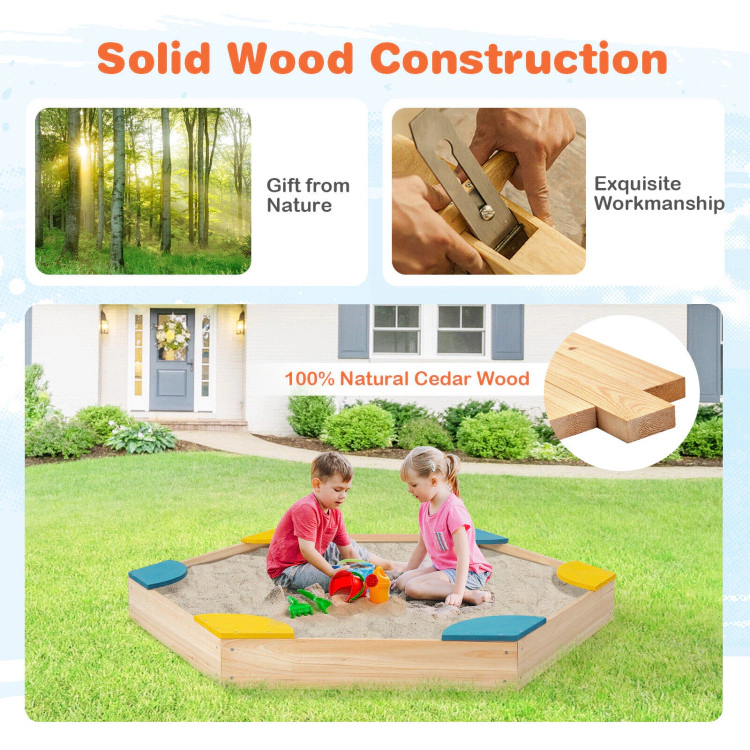 Hivvago Outdoor Solid Wood Sandbox with 6 Built-in Fan-shaped Seats