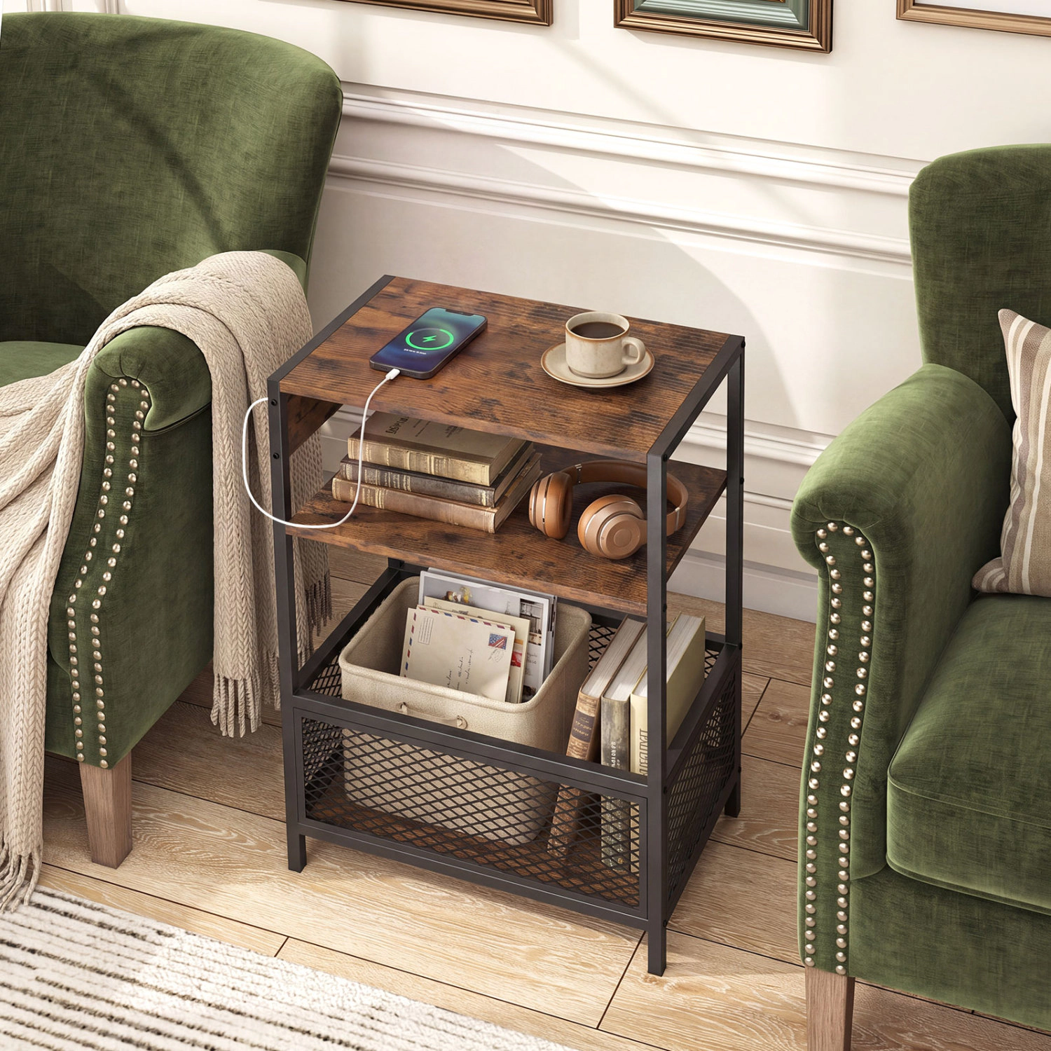 Glintex 3-Tier Industrial Side Table with Charging Ports and Anti-Falling Mesh, Rustic Brown