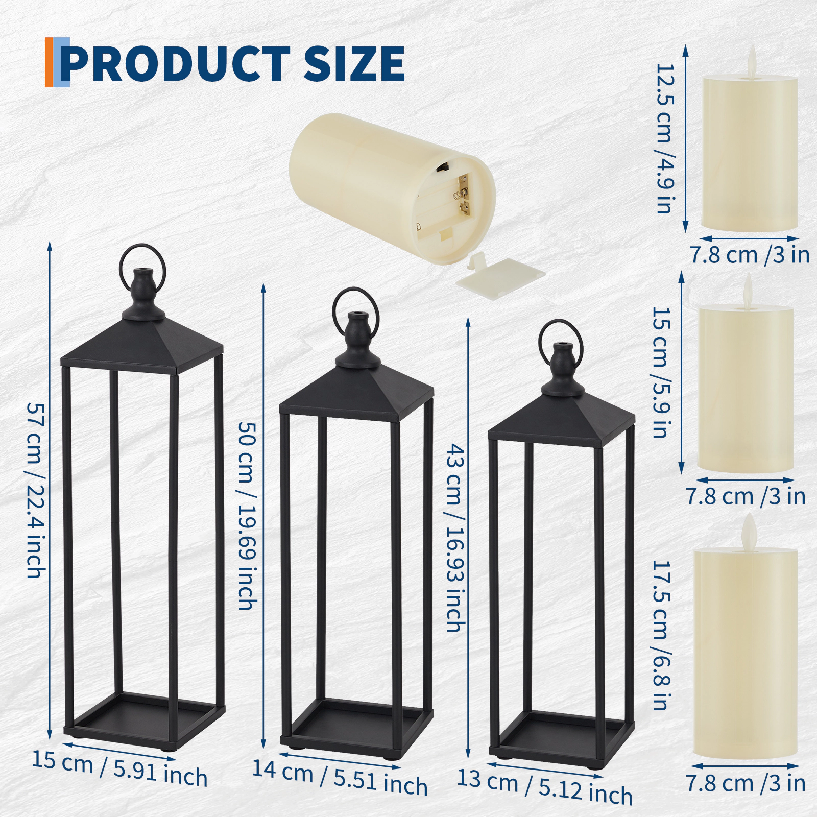 SKYROKU 17" 19" 22" Large Outdoor Candle Lanterns, Set Of 3 Decorative Lanterns, Black Lanterns For Candles