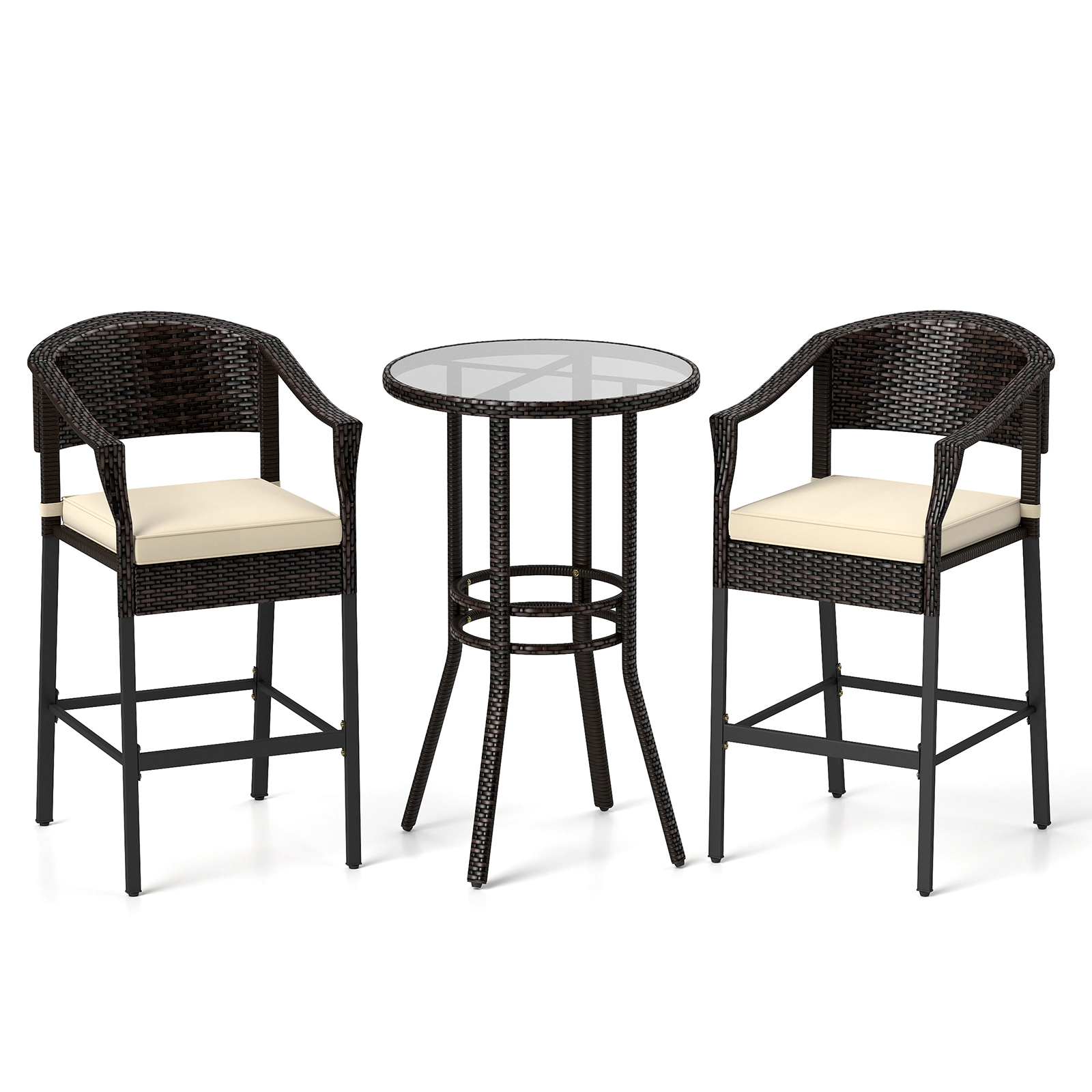 LJG 3-Piece Patio Rattan Bar Set with Tempered Glass Top for Backyard Poolside