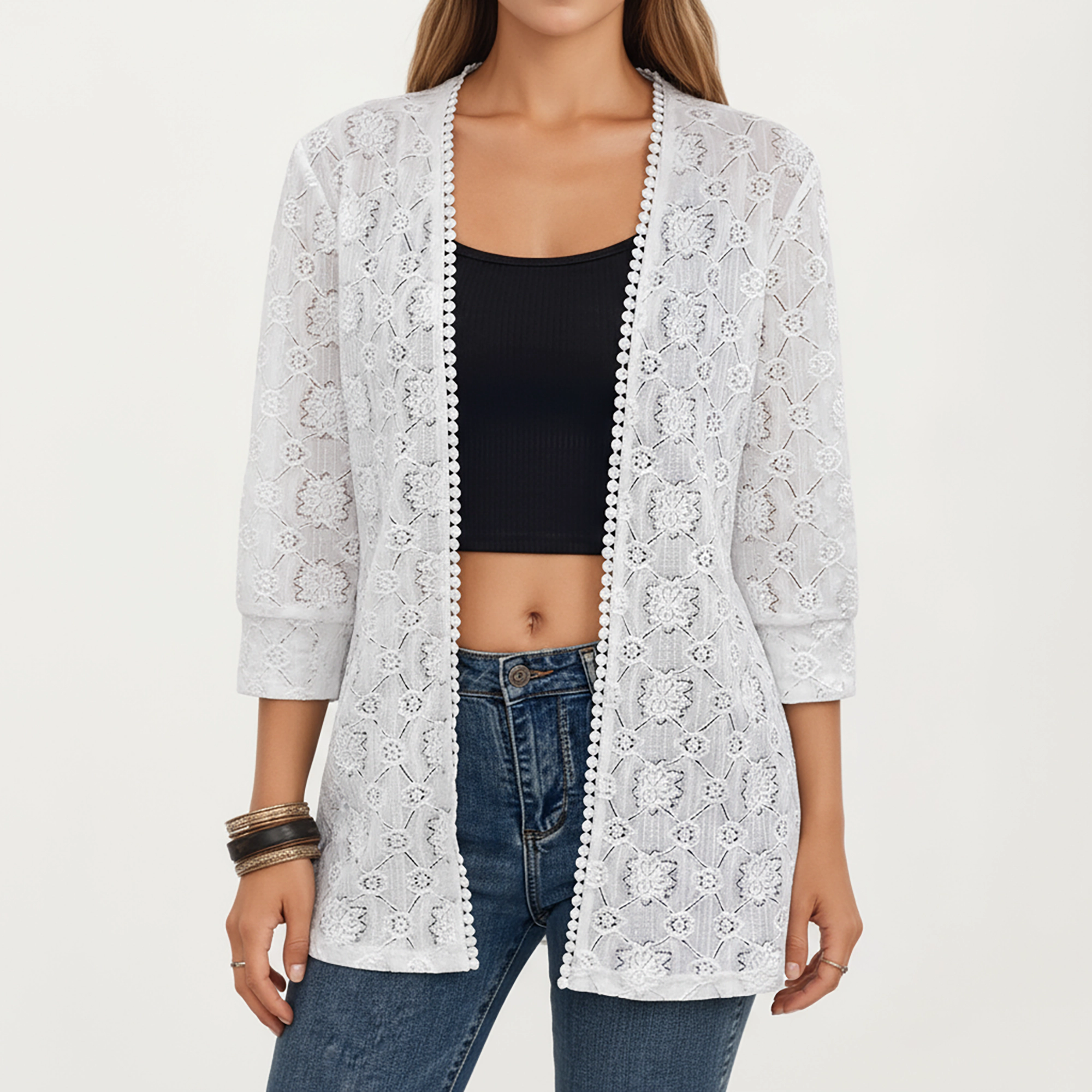 Anna-Kaci Women's 3/4 Sleeve Open Front Lace Cardigan with Floral Crochet Detailing