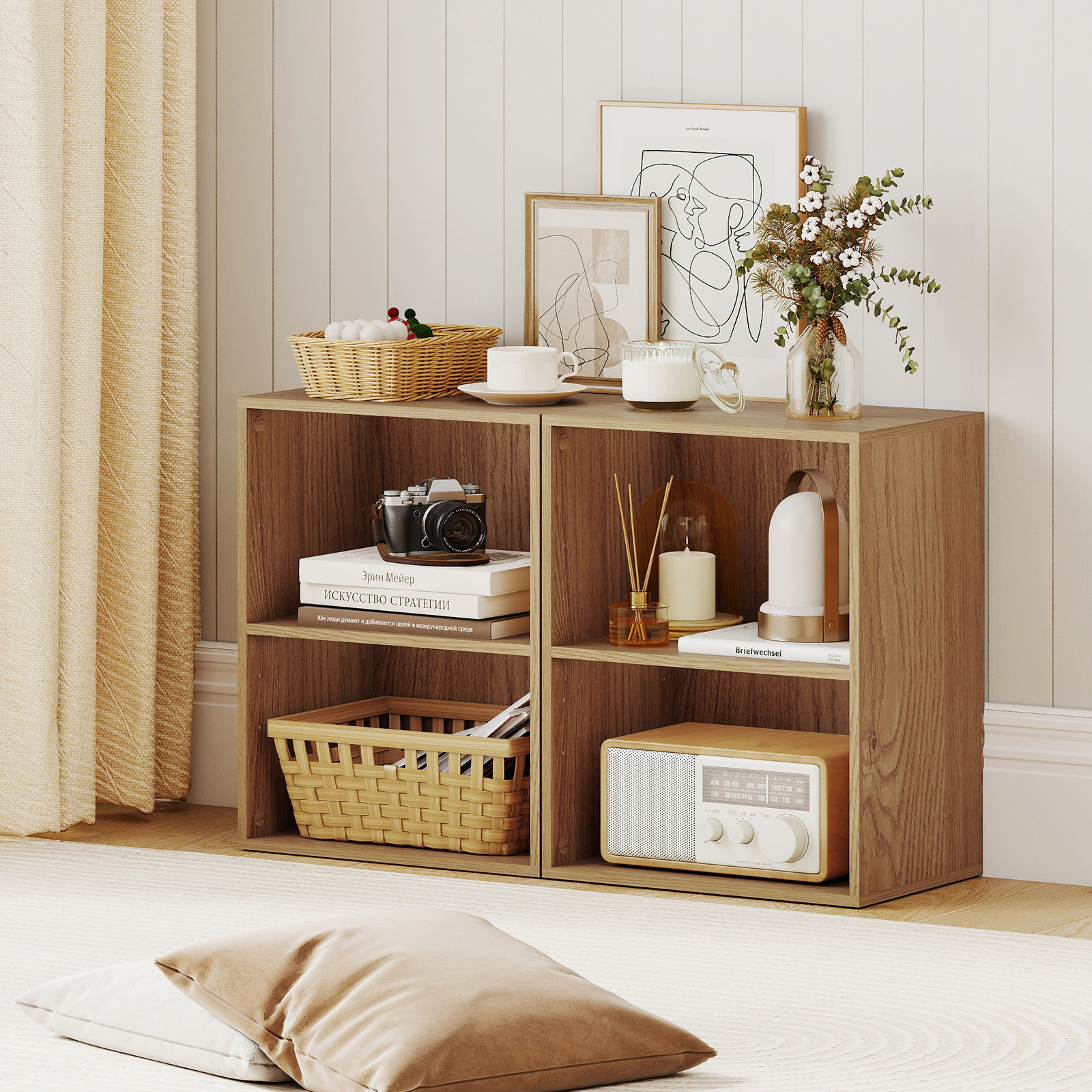 SUGIFT Set of 2 2-Cube Natural 21-in Open Bookshelf with 5-Position Adjustable Shelf and 66-lb Top
