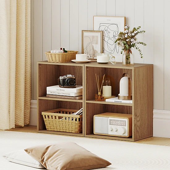 SUGIFT Set of 2 2-Cube Natural 21-in Open Bookshelf with 5-Position Adjustable Shelf and 66-lb Top