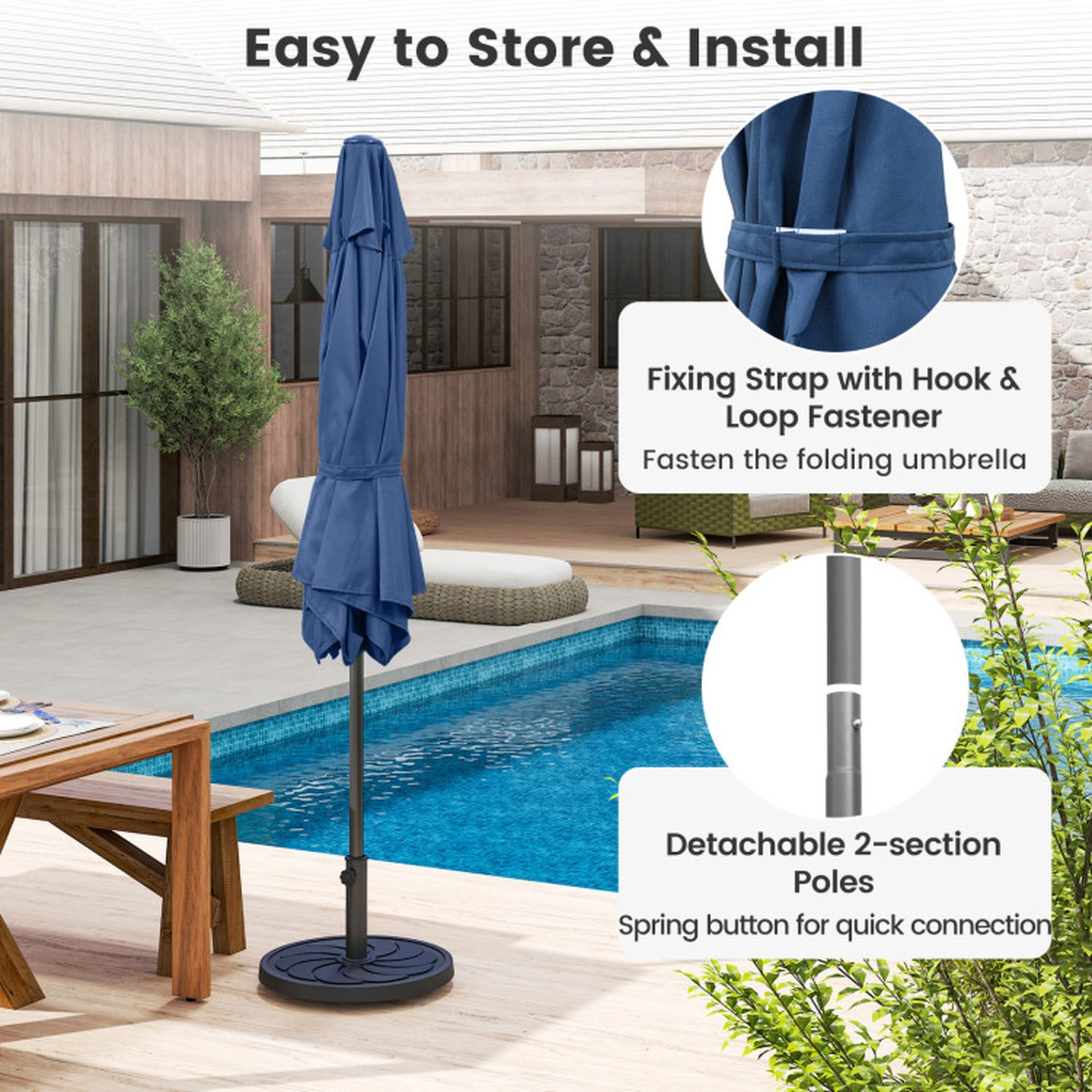 SUGIFT Navy Blue Push Button Tilt and Crank Handle 7.5 FT Outdoor Market Patio Umbrella