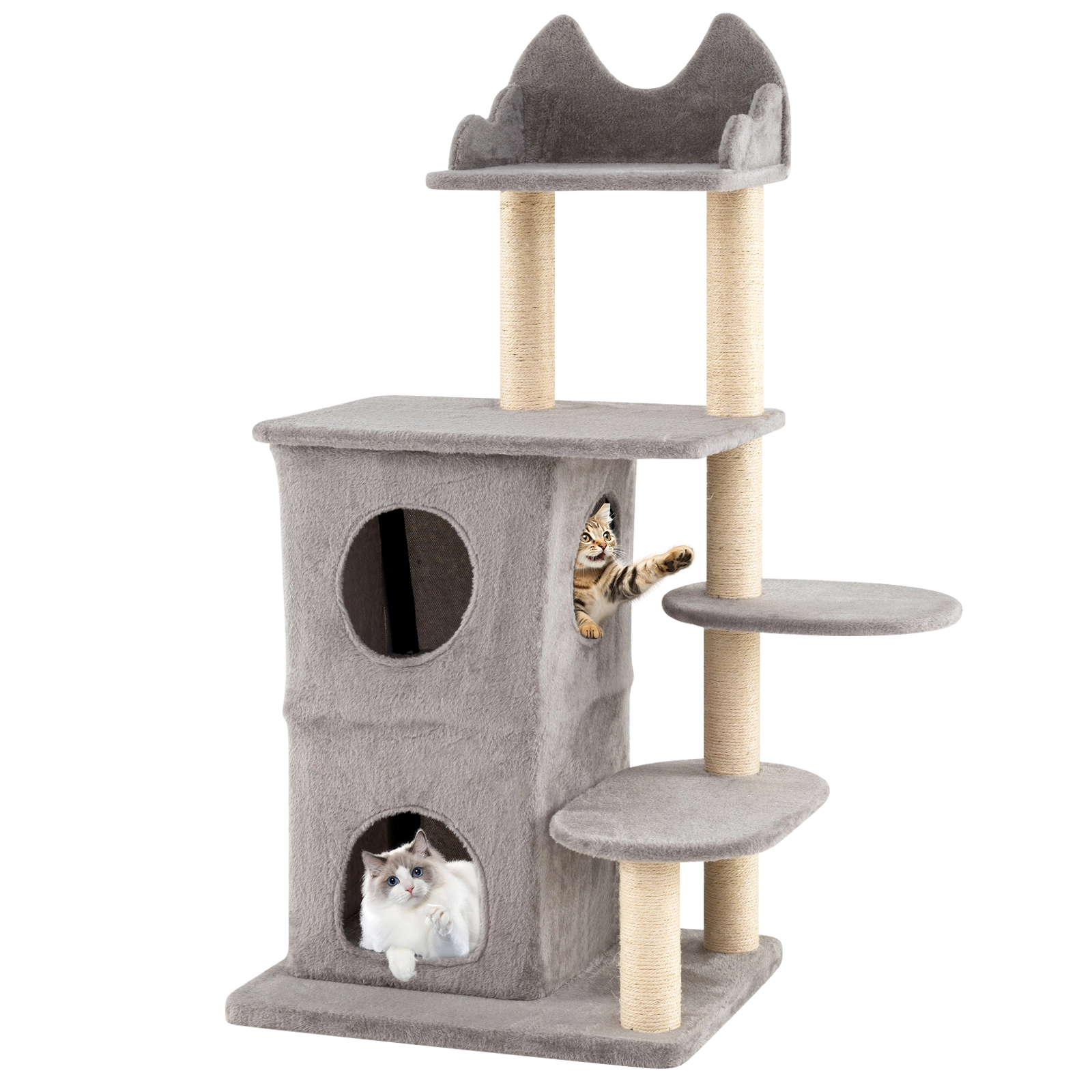 SUGIFT 48.5-in Gray Multi-Level Cat Tree for Large Cats with 2-Story Condo 3 Caves and Sisal Posts