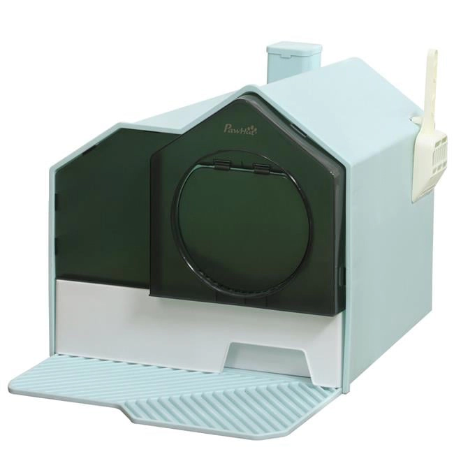 212 Main Paw Hut Hooded Cat Litter Box with Mat, Particle Catching, Easy Clean, Light Blue