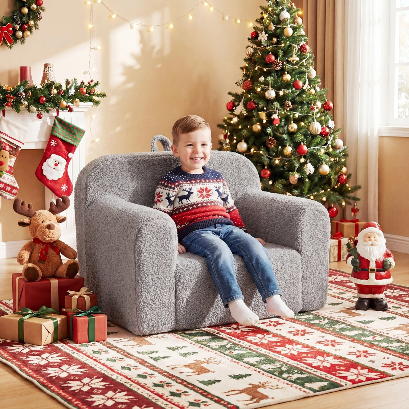 SUGIFT Teddy Fleece Kids Couch Portable Toddler Sofa Chair with Carry Handle 24.5-in Wide Ages 3+ Gray