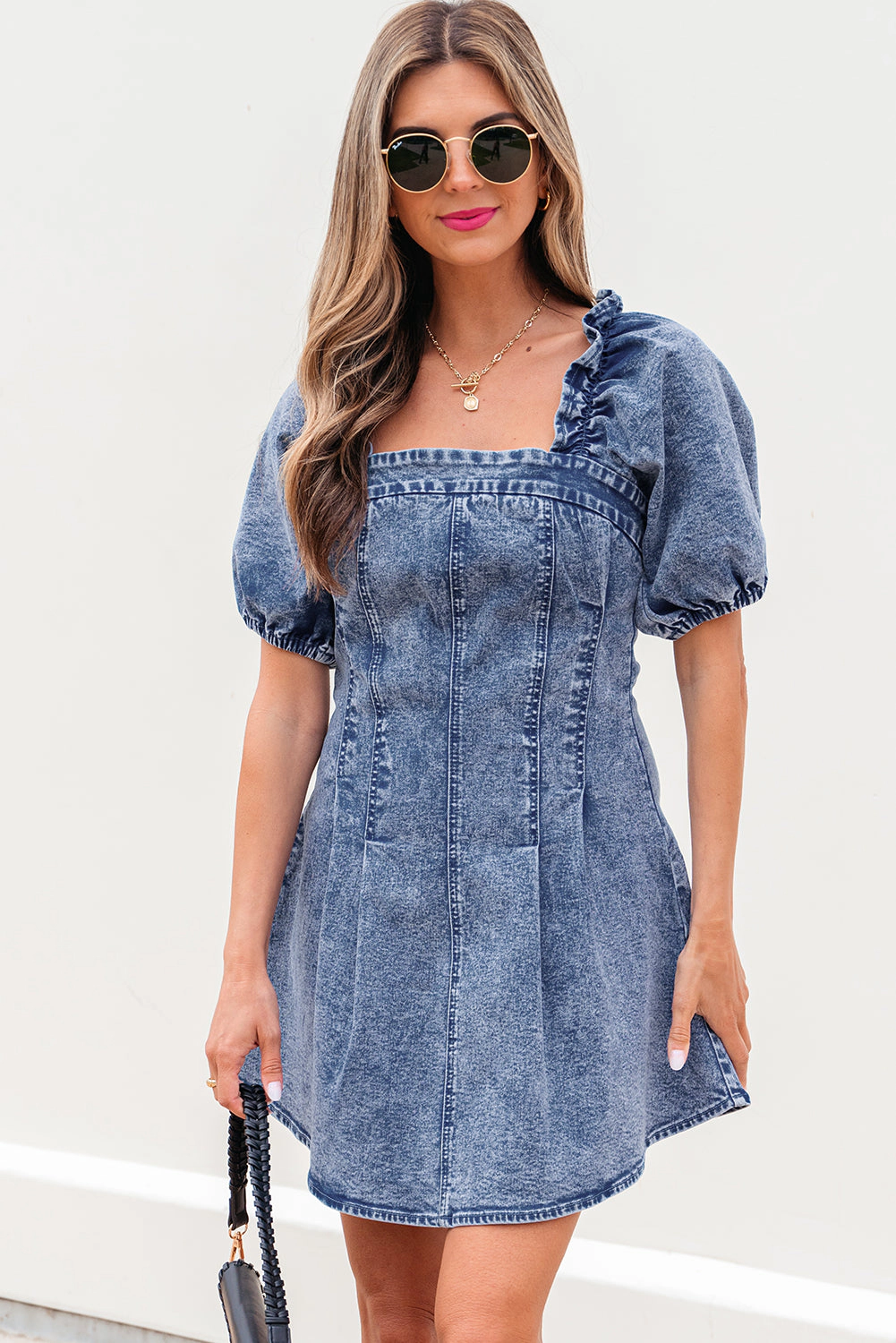 Threaded Pear Women's Celia Square Neck Bustier Puff Sleeve Short Denim Dress
