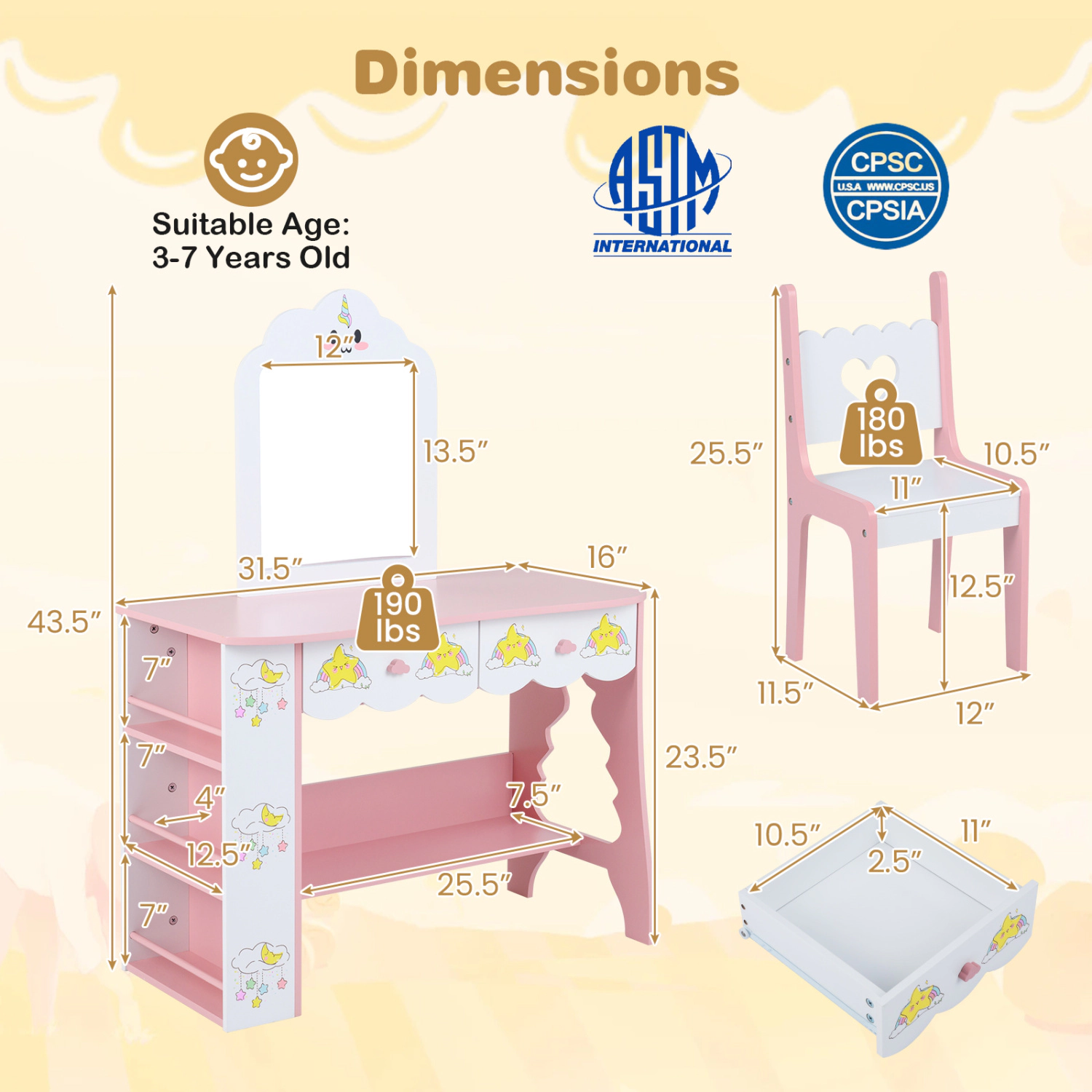 Hivvago Kids Vanity Set Princess Girls Makeup Table With Mirror And Chair