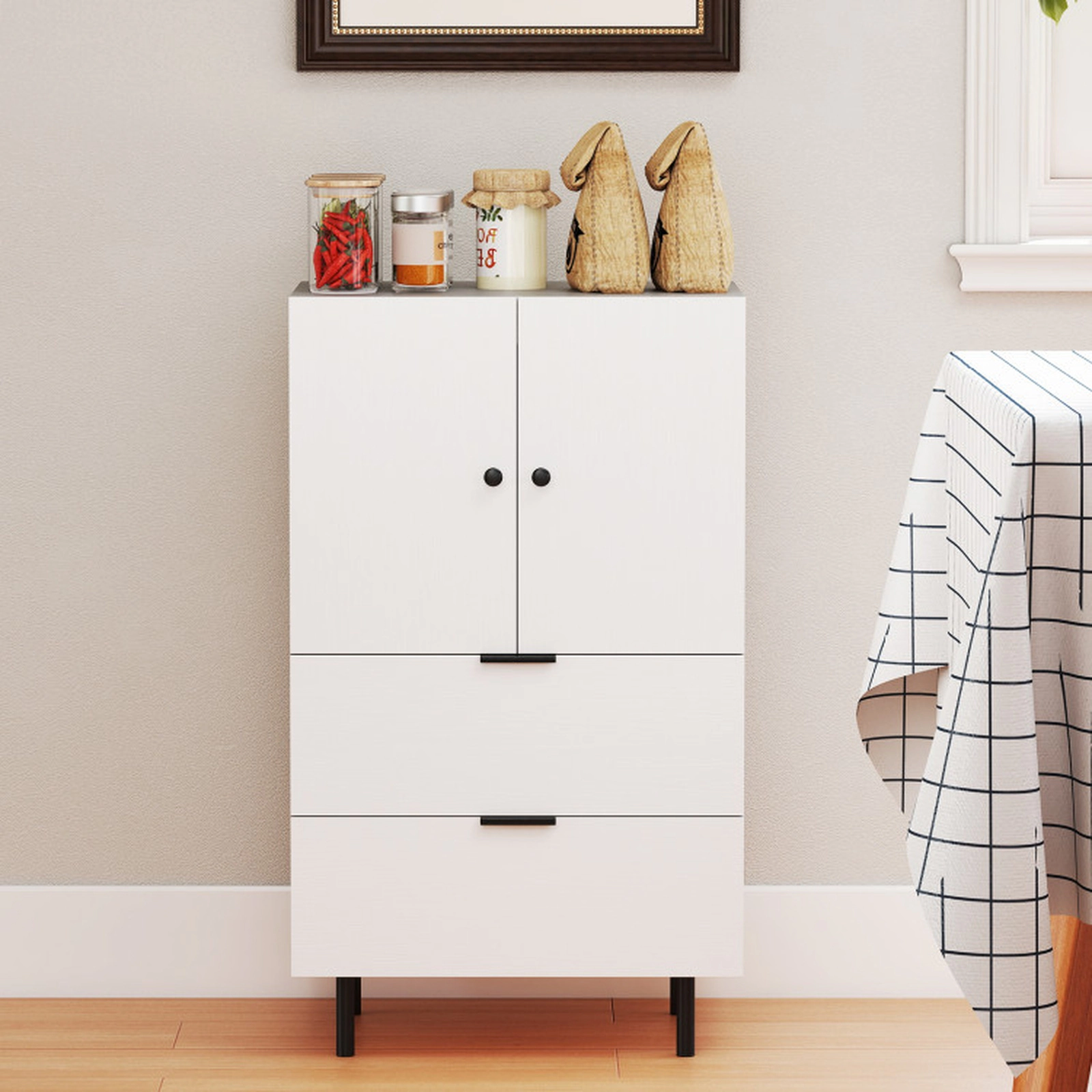 SUGIFT 2-Door Narrow 2 Drawers Metal Legs Sideboard Buffet Cabinet 23.5-in x 16.5-in x 40-in 155-lb Capacity White