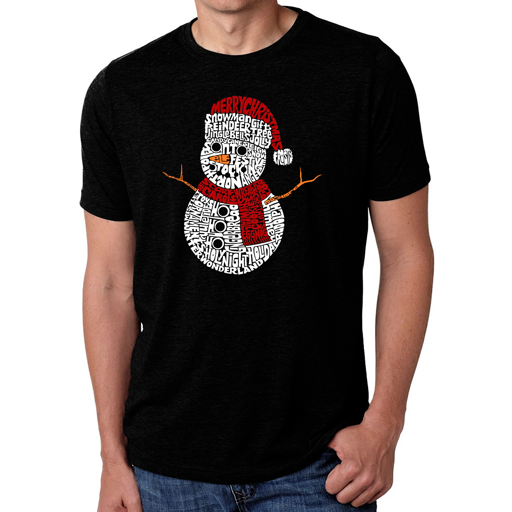 LA Pop Art Men's Cotton/Poly Blend Word T-Shirt - Christmas Snowman