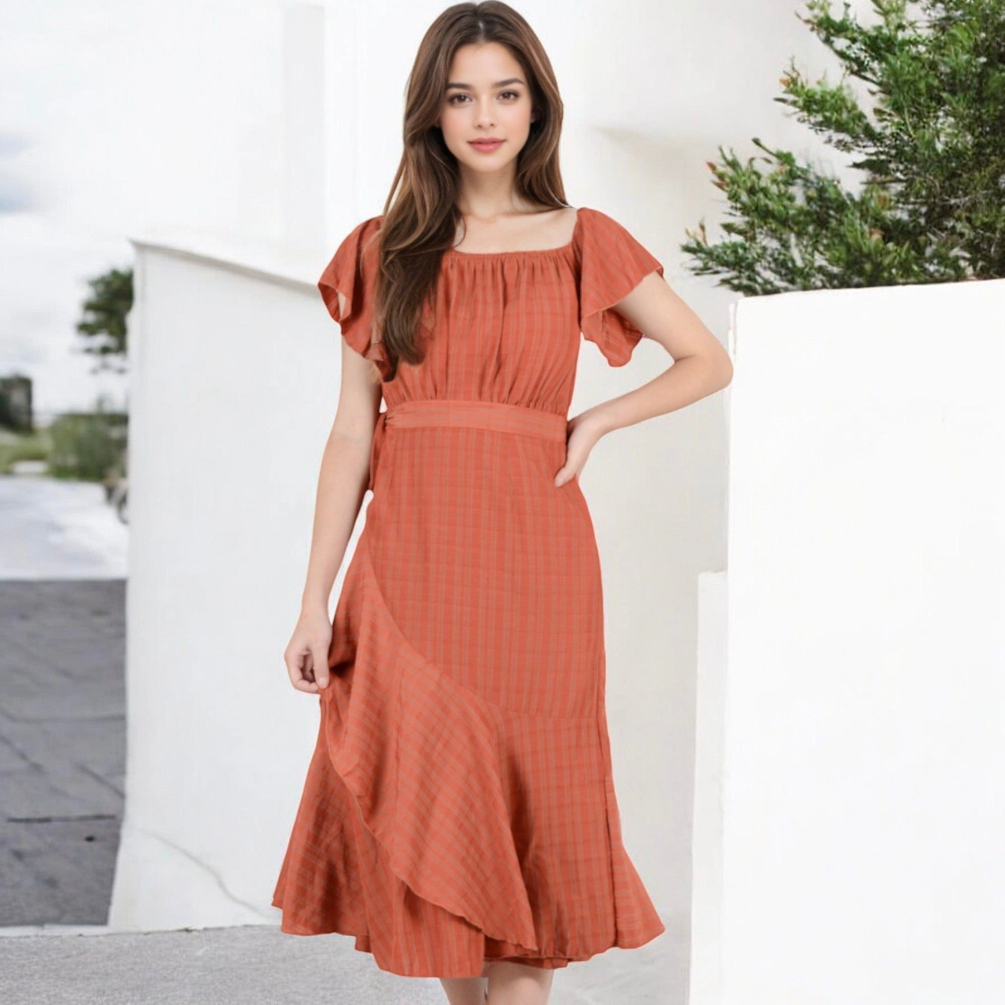 Anna-Kaci Women's Off Shoulder Plaid Flutter Sleeve Asymmetrical Hem Midi Dress