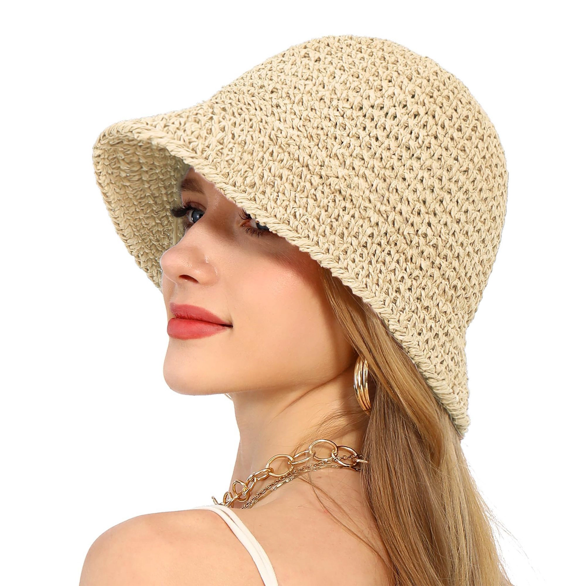 Anna-Kaci Women's Crochet Raffia Bucket Hat Lightweight Foldable Wide Brim Sun for Stylish Summer Protection