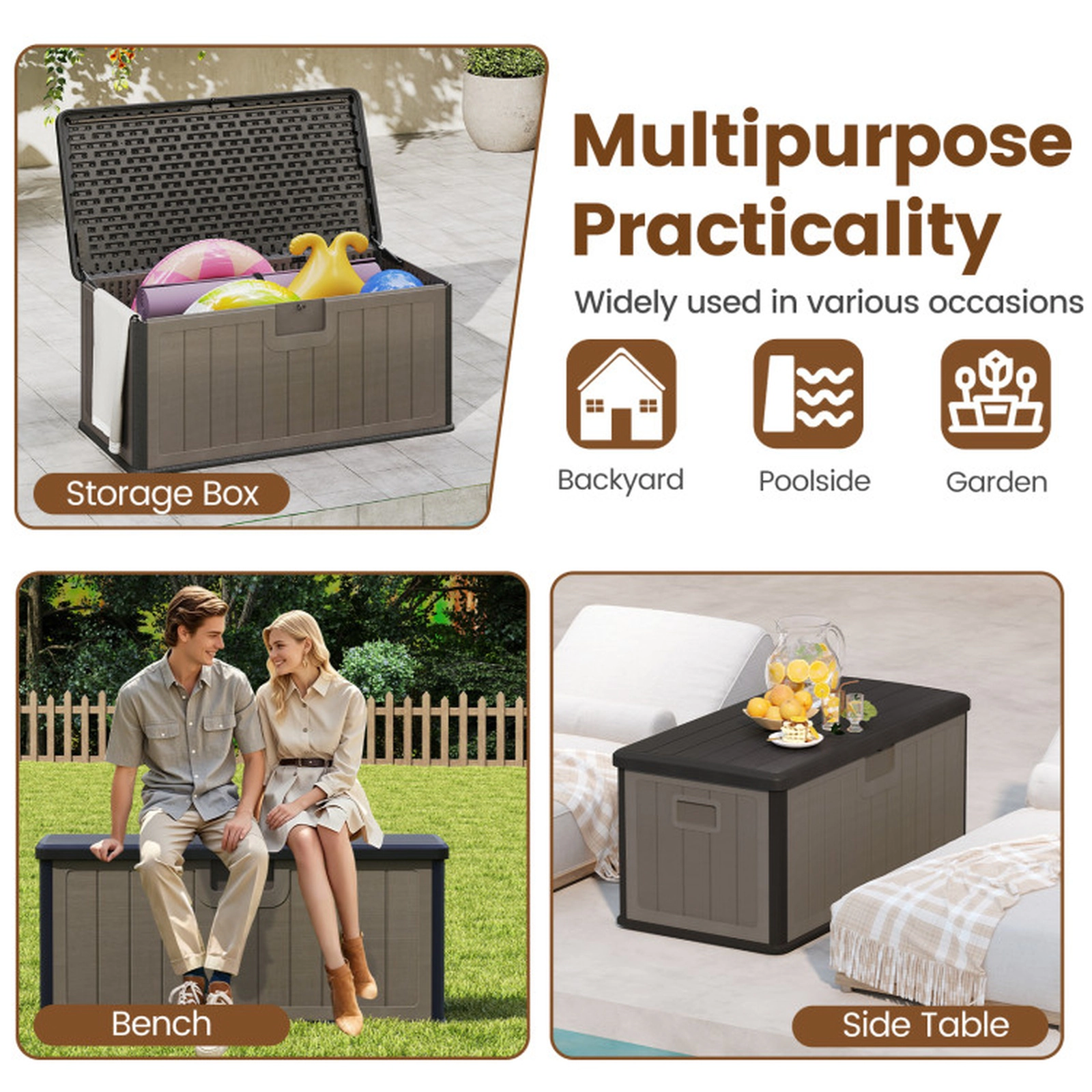 SUGIFT 100 Gallon HDPE Deck Storage Box with Lockable Lid 440-lb Bench Capacity 51-in Wide Patio Bench Black and Brown