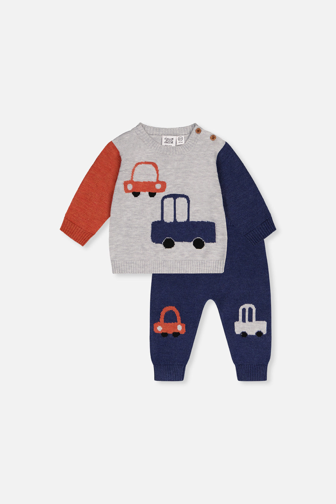 Deux par Boys Knitted Car Intarsia Raglan Sleeve Top and Pants Set