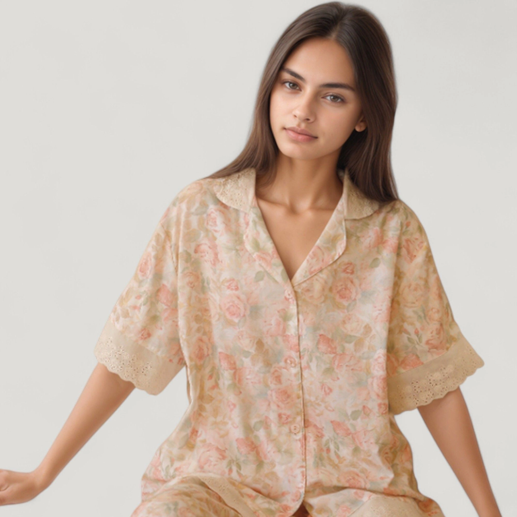 Anna-Kaci Women's Floral Lace Trim Pajama Set Short Sleeve Button Top with Matching Wide Leg Lounge Pants