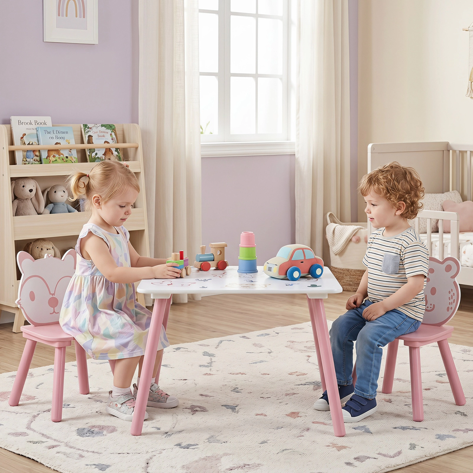 SUGIFT 3-Piece Kids Table and Chairs Set with Animal Patterns 44-lb Table 66-lb Chairs Ages 3-6 White Green Yellow