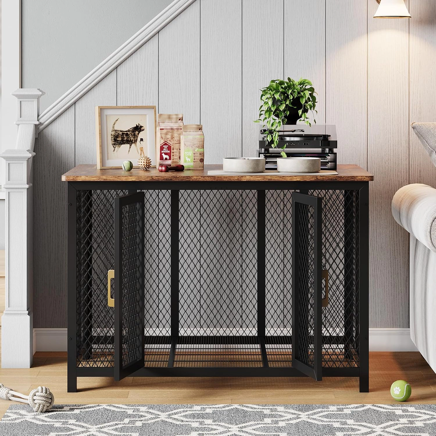 Multi-Door Ironwood Dog Crate Furniture, Heavy-Duty Stylish Pet Kennel for Large Dogs