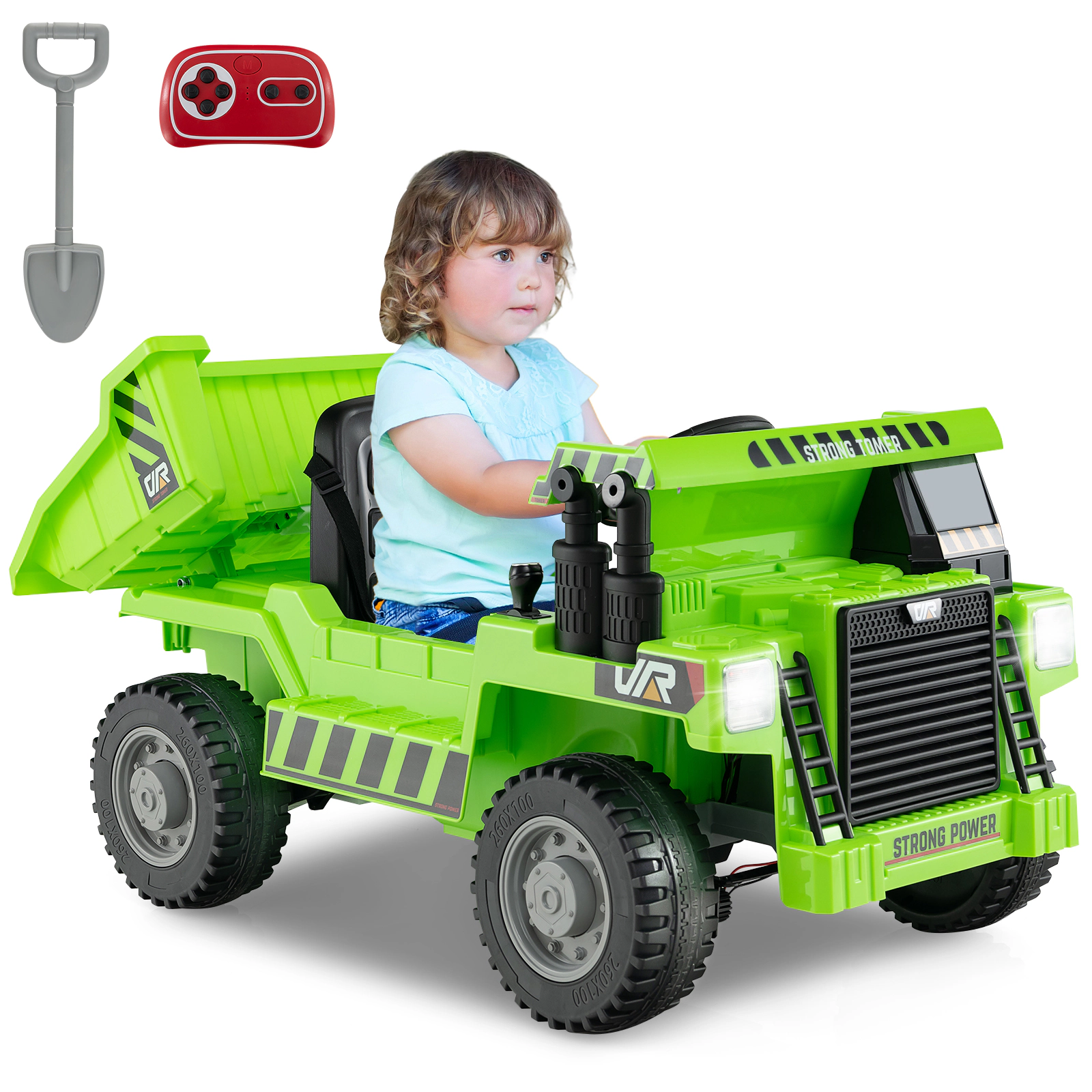 Glintex 12V Kids Ride-On Dump Truck with 33-Degree Power Bed and Shovel