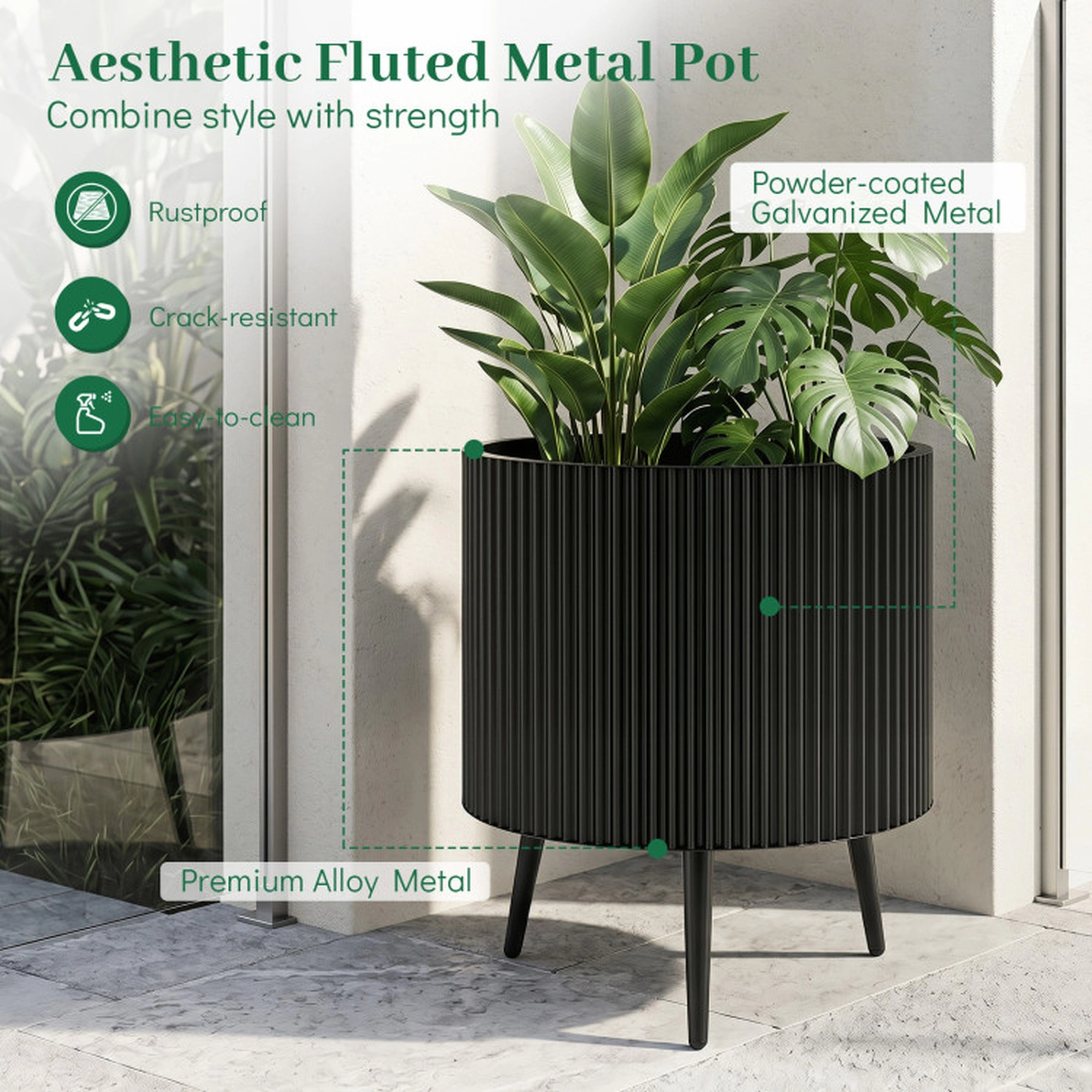 SUGIFT Fluted Alloy Metal Plant Pot with Stand 110-lb Capacity 14 x 21 in 16.5 x 22 in 20 x 23 in 1-Piece Black