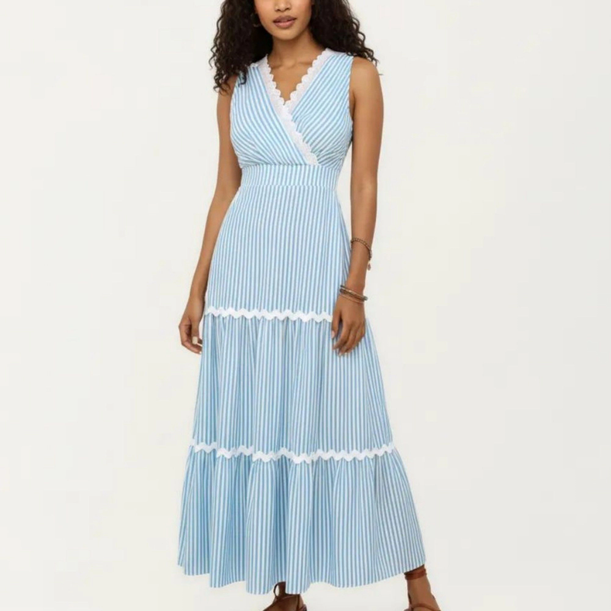 Anna-Kaci Women's Sleeveless Striped V-Neck Contrast Trim Tiered Maxi Dress