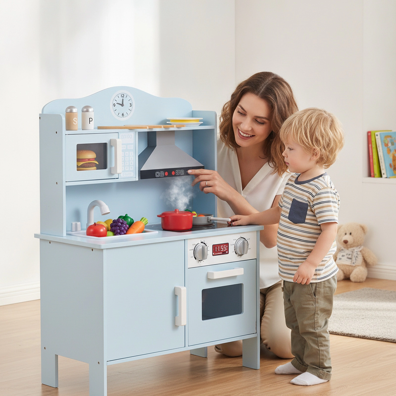 Wooden Play Kitchen for Kids with Range Hood Microwave Large Oven and Anti-Tip Device 24-in x 12-in x 36-in Blue