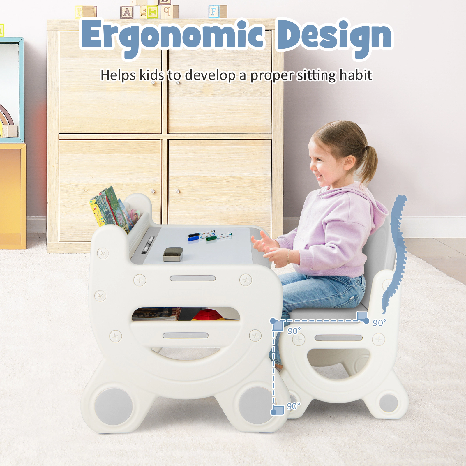 SUGIFT Kids Drawing Table and Chair Set, Erasable Top, Pens, Gray