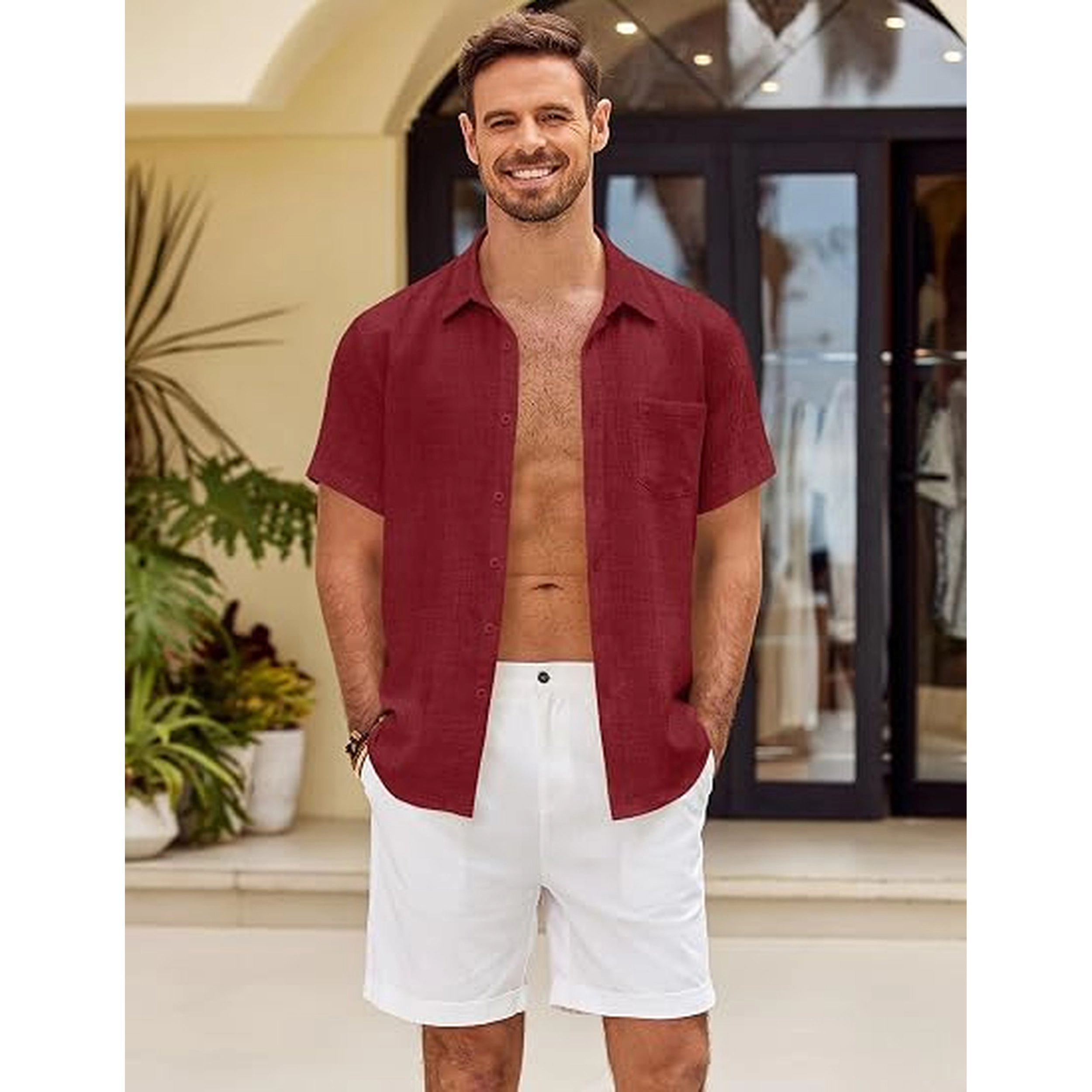 COOFANDY Men's Regular Fit Lightweight Linen Short Sleeve Camp Shirt