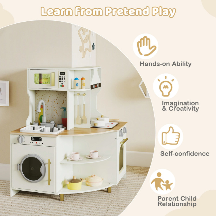 Hivvago Kids Play Kitchen Wooden Corner Kitchen Playset with Working Faucet and Sink