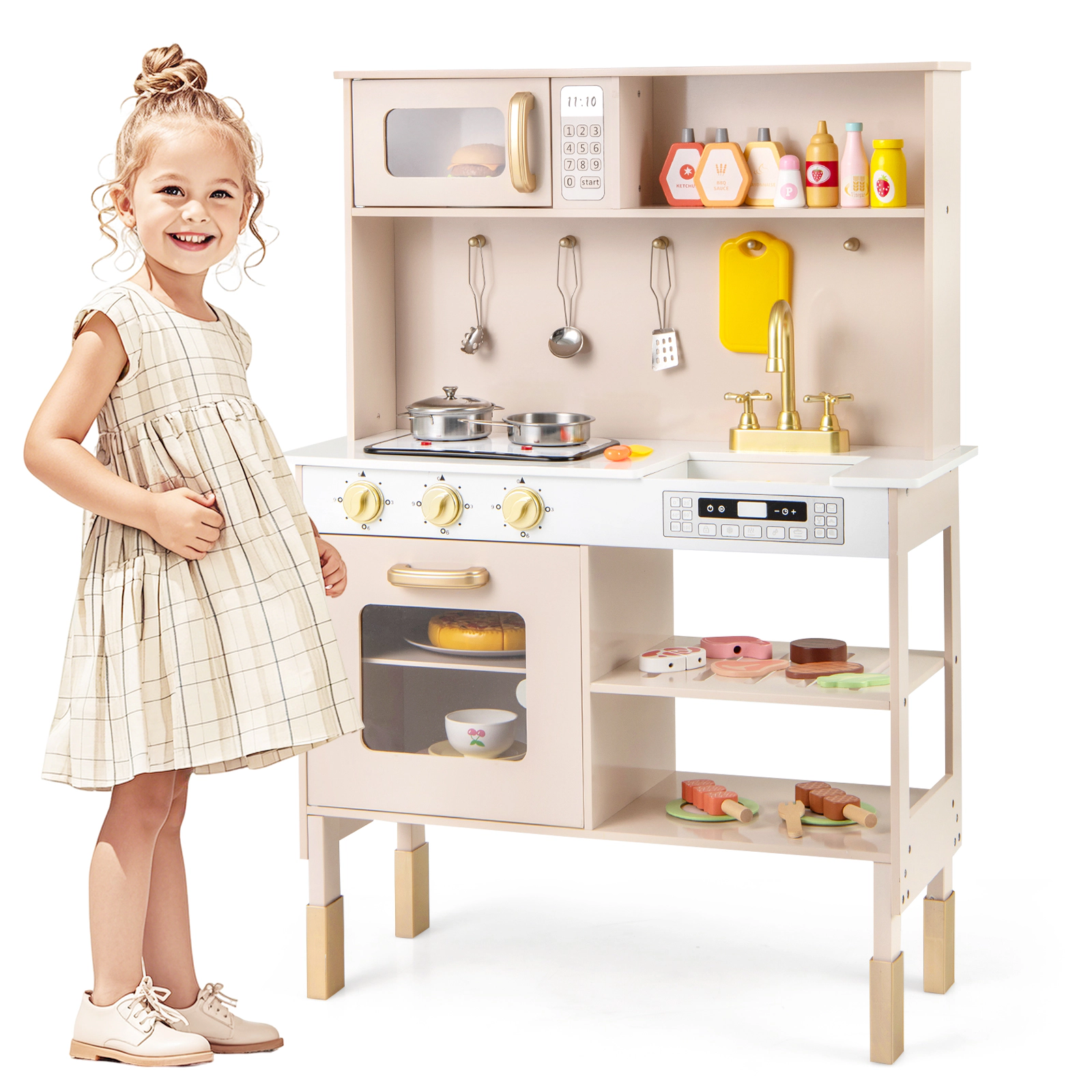 LJG Kids Play Kitchen Height Adjustable with Microwave and Lights and Sounds