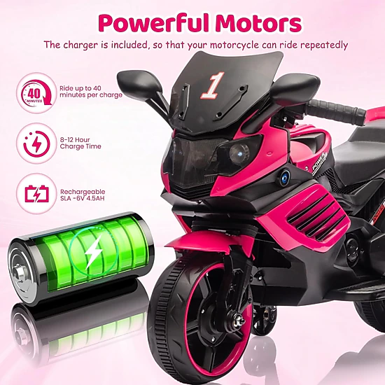 Enjyam 6V Kids Ride On Motorcycle w/Training Wheels, Electric Bike Toy w/Headlight, Horn & Music, Gift for Ages 3-6