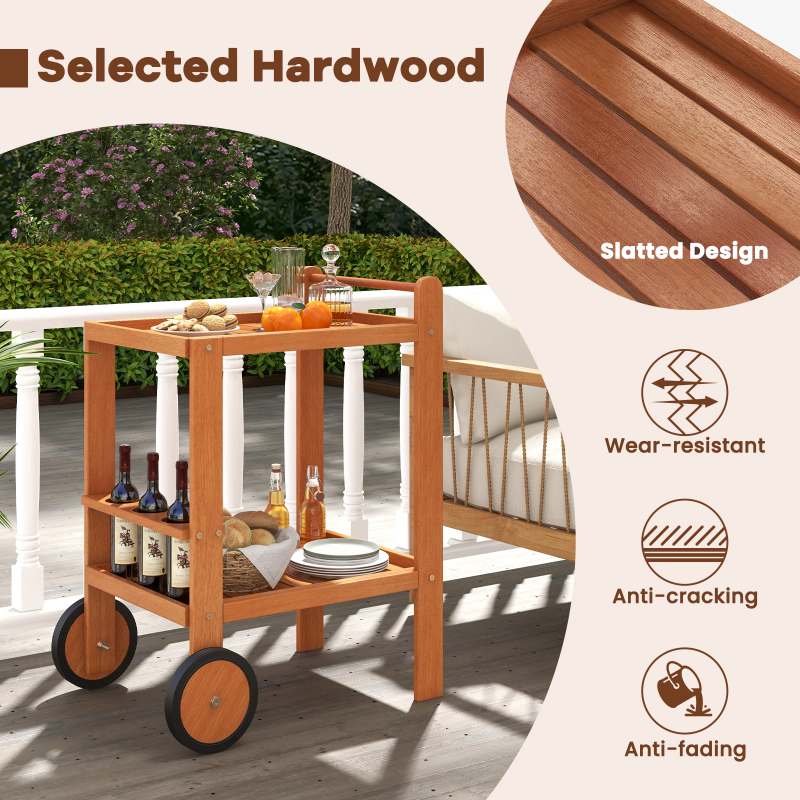 SUGIFT 2 Tier Rolling Hardwood Serving Cart with Wine Bottle Holders 44-lb Tier Capacity Natural