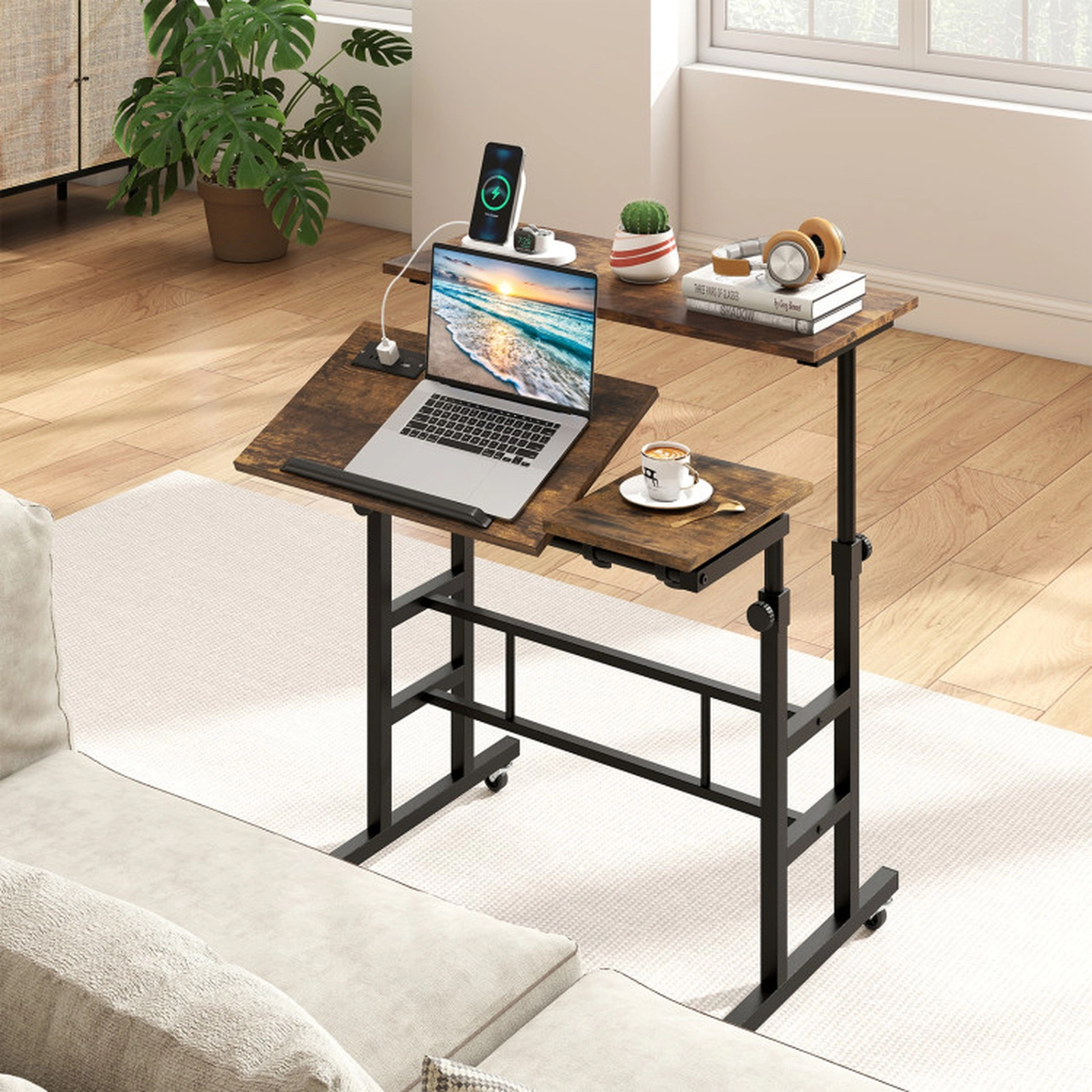 SUGIFT Rustic Brown Power Outlets and Rolling Laptop Cart Height Adjustable Mobile Standing Desk