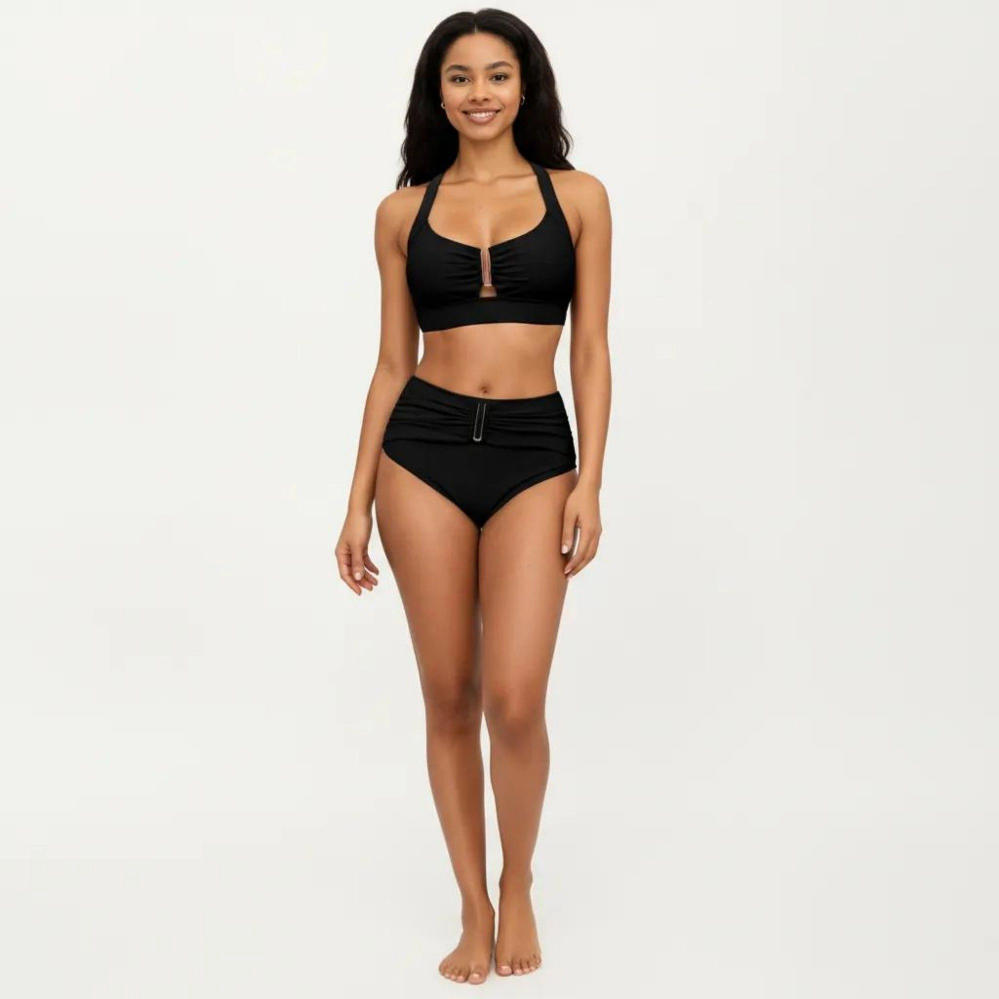 Anna-Kaci Women's Two Piece Bikini Set with Ruched Bralette Top and High Waist Bottoms