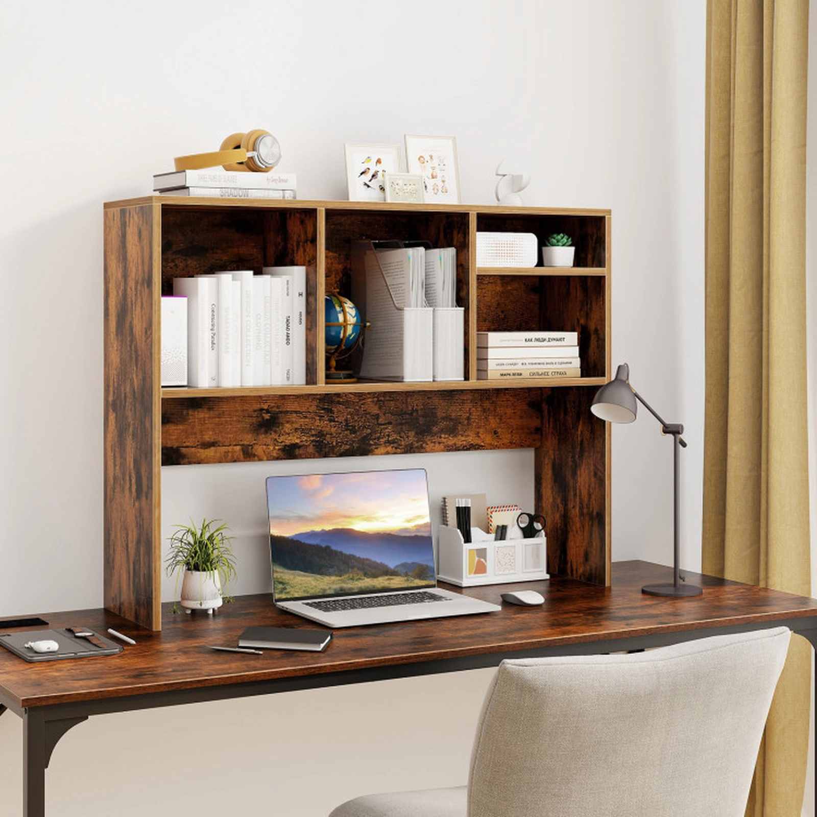 SUGIFT Desktop Bookcase with 4 Cubbies and Open Back Compartment 145-lb Capacity 37-in Frame 29-in Tall Coffee