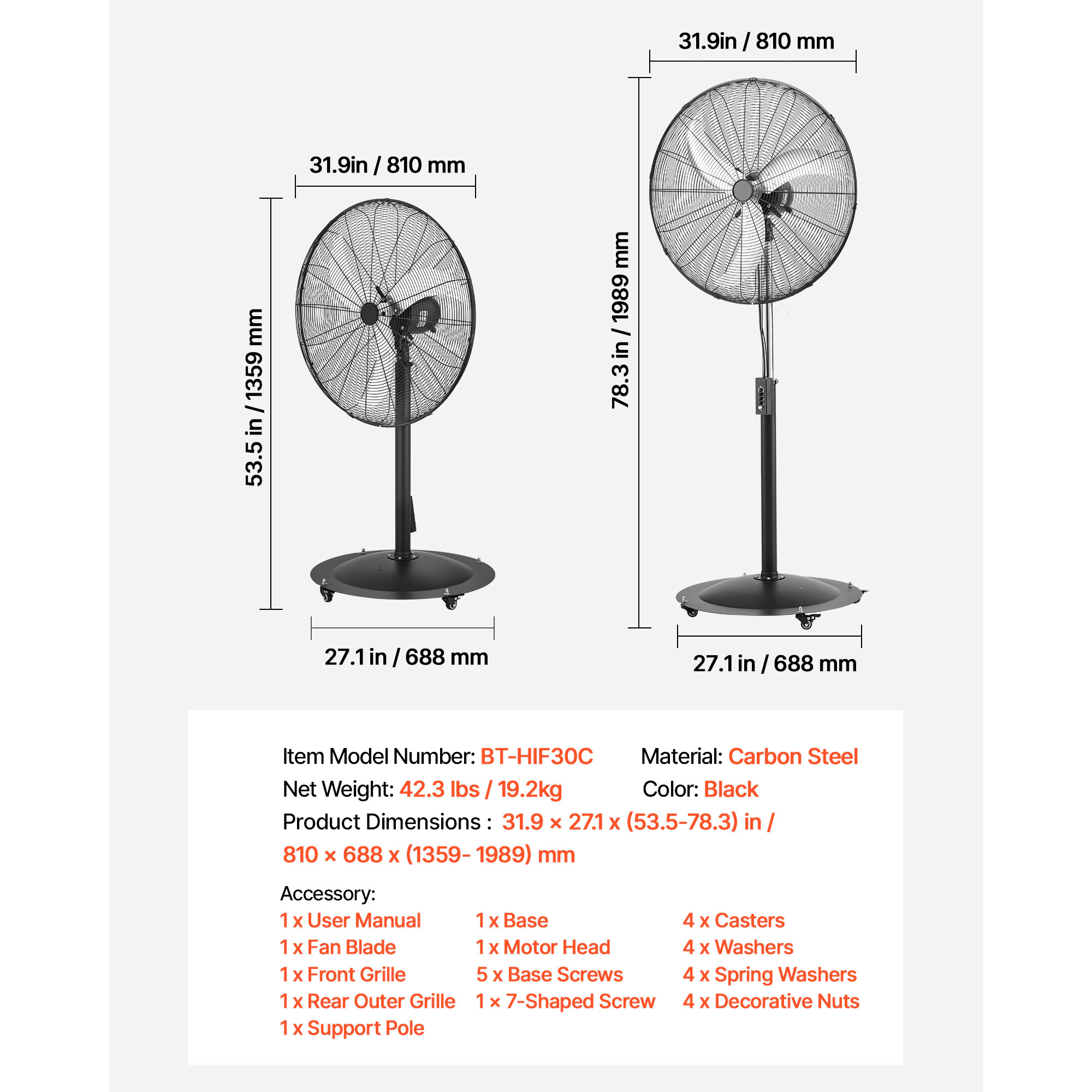 HONGGE High Velocity Pedestal Fan, Industrial Standing Floor Fan, 3-Speed Adjustable Height, Oscillating, for Commercial