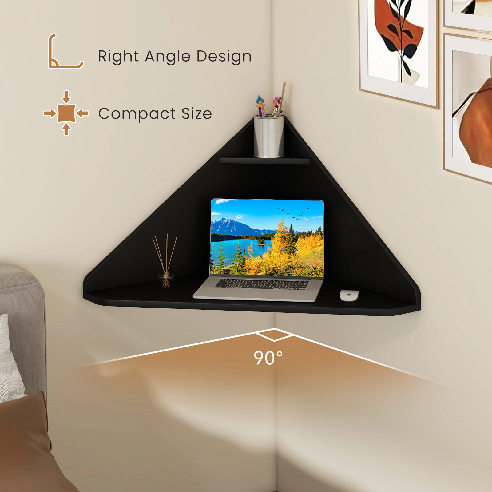 SUGIFT Black Floating Triangular Corner Desk with Shelf