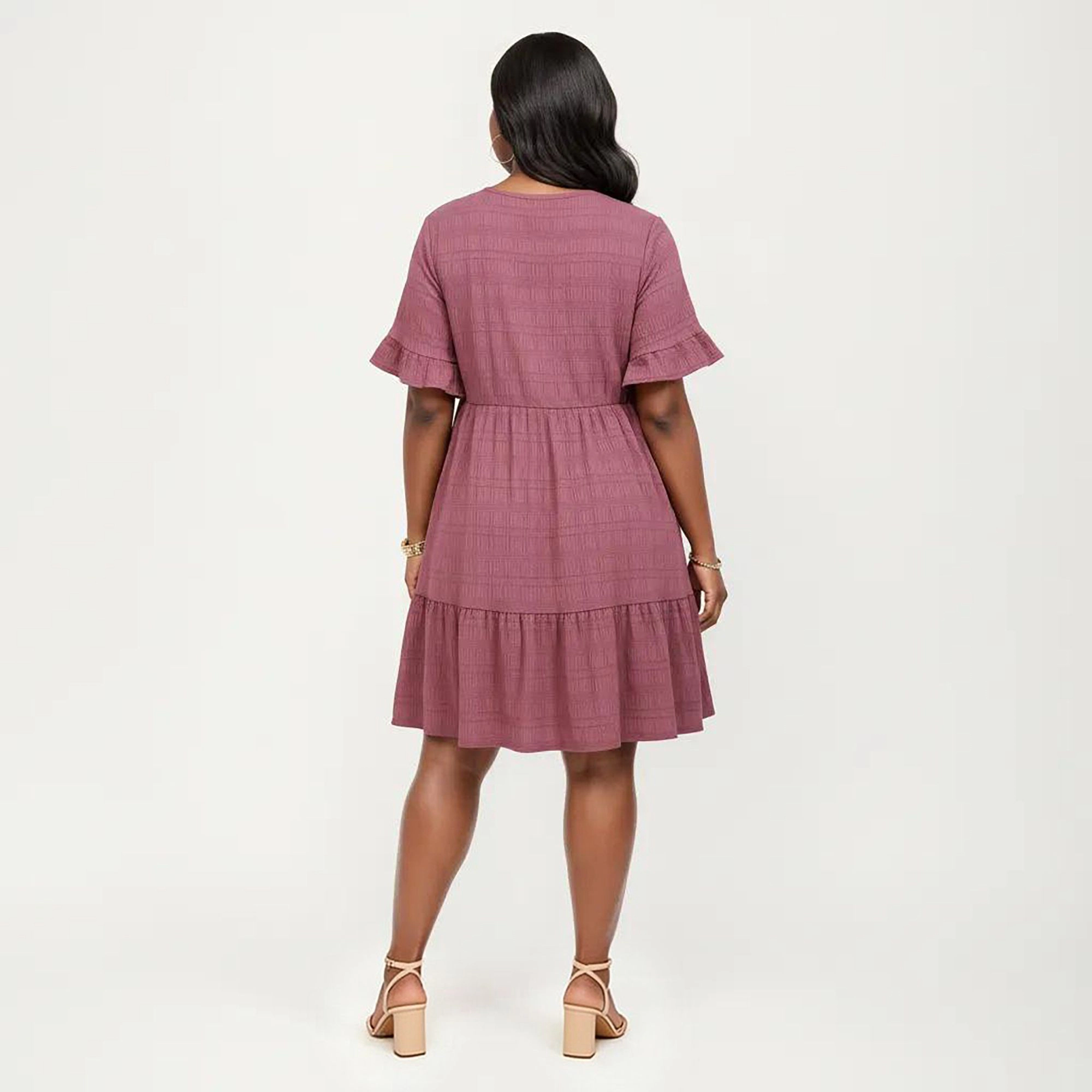 Anna-Kaci Women's Plus Short Sleeve Textured Crew Neck Tiered Skirt Ruffle Detail Dress