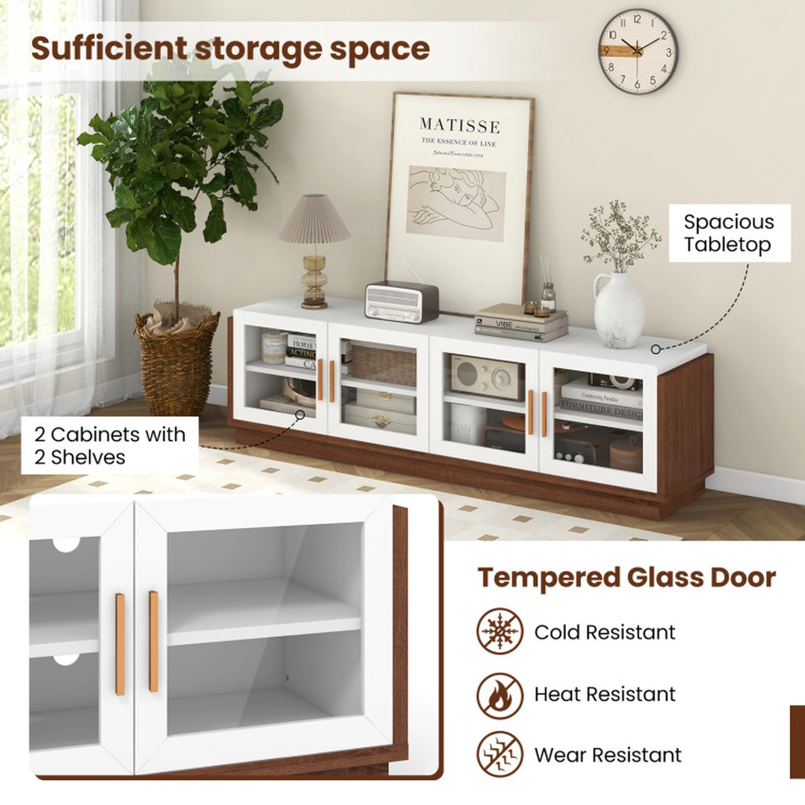 SUGIFT 4 Tempered Glass Doors Adjustable Shelves Media Console TV Stand 70-in x 16-in x 20-in 75-in TV White