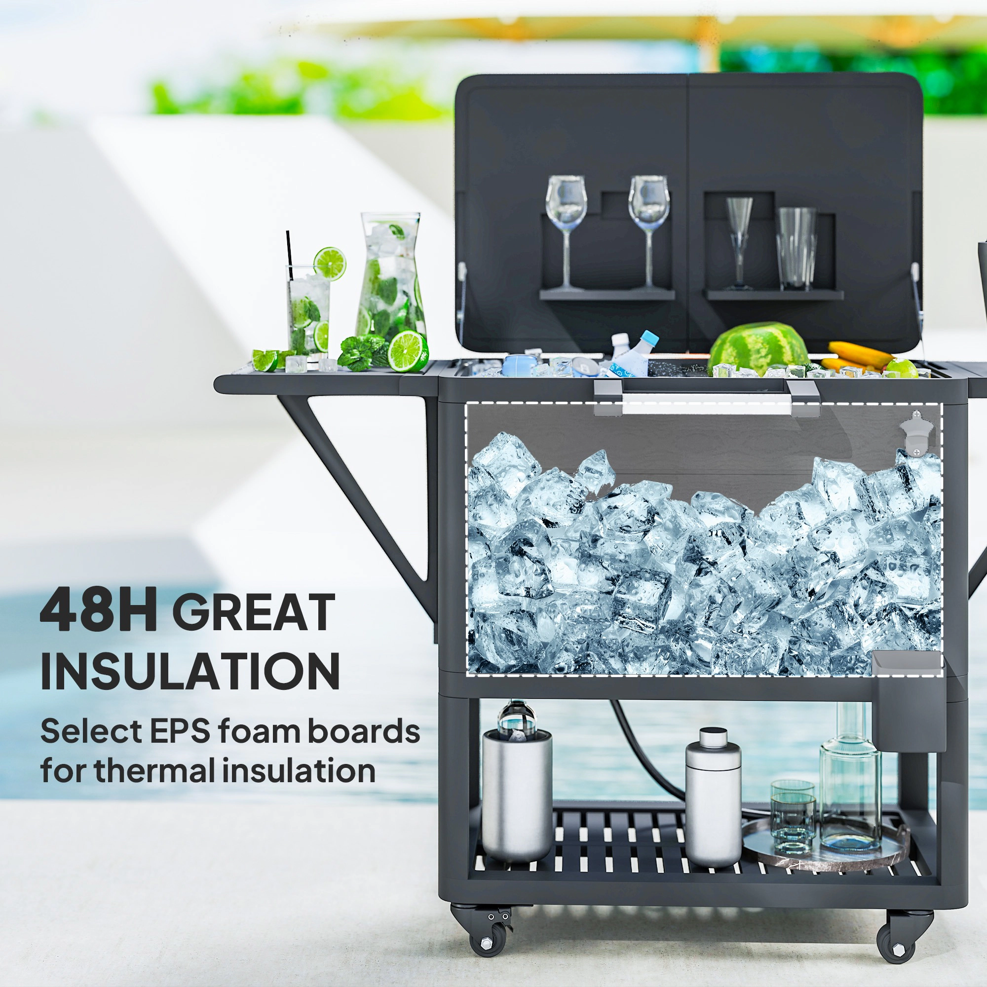 HONGGE 104 Quart Large Capacity Outdoor Cooler Cart Patio Rolling Ice Chest with Bottle Opener Shelves Wheels
