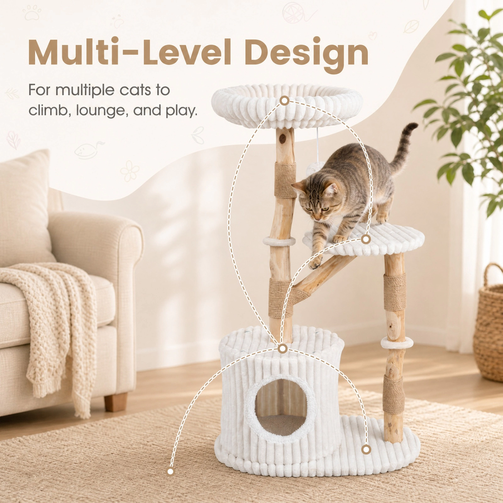 SUGIFT Beige 41 in Solid Wood Cat Tree with Real Branches and Cozy Condo Bed