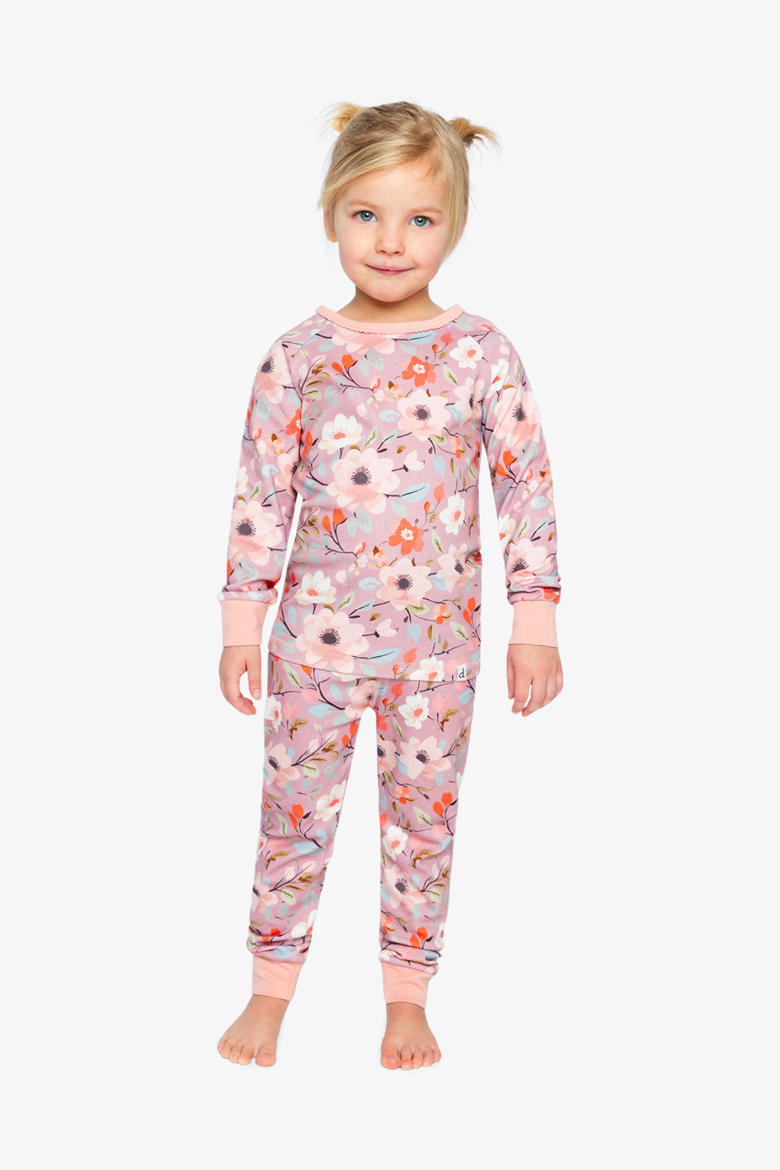 Deux par Girls Organic Cotton Floral Two Piece Pajama Set with Raglan Sleeve Top and Waist Pants