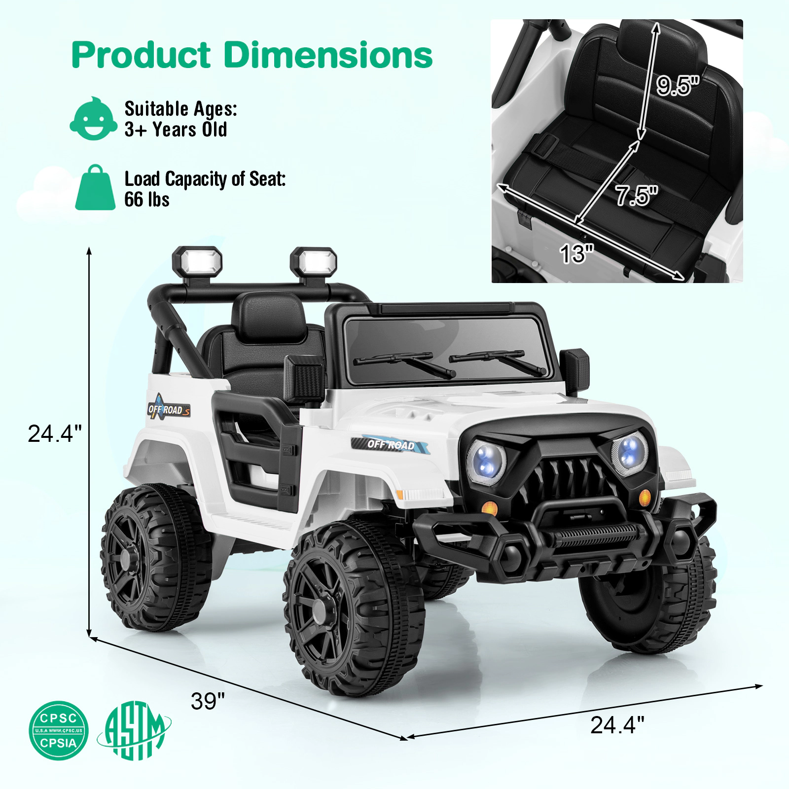 Hivvago 12V Kids Ride on Truck Car with Remote Control Threaded Wheels and 3 Speeds