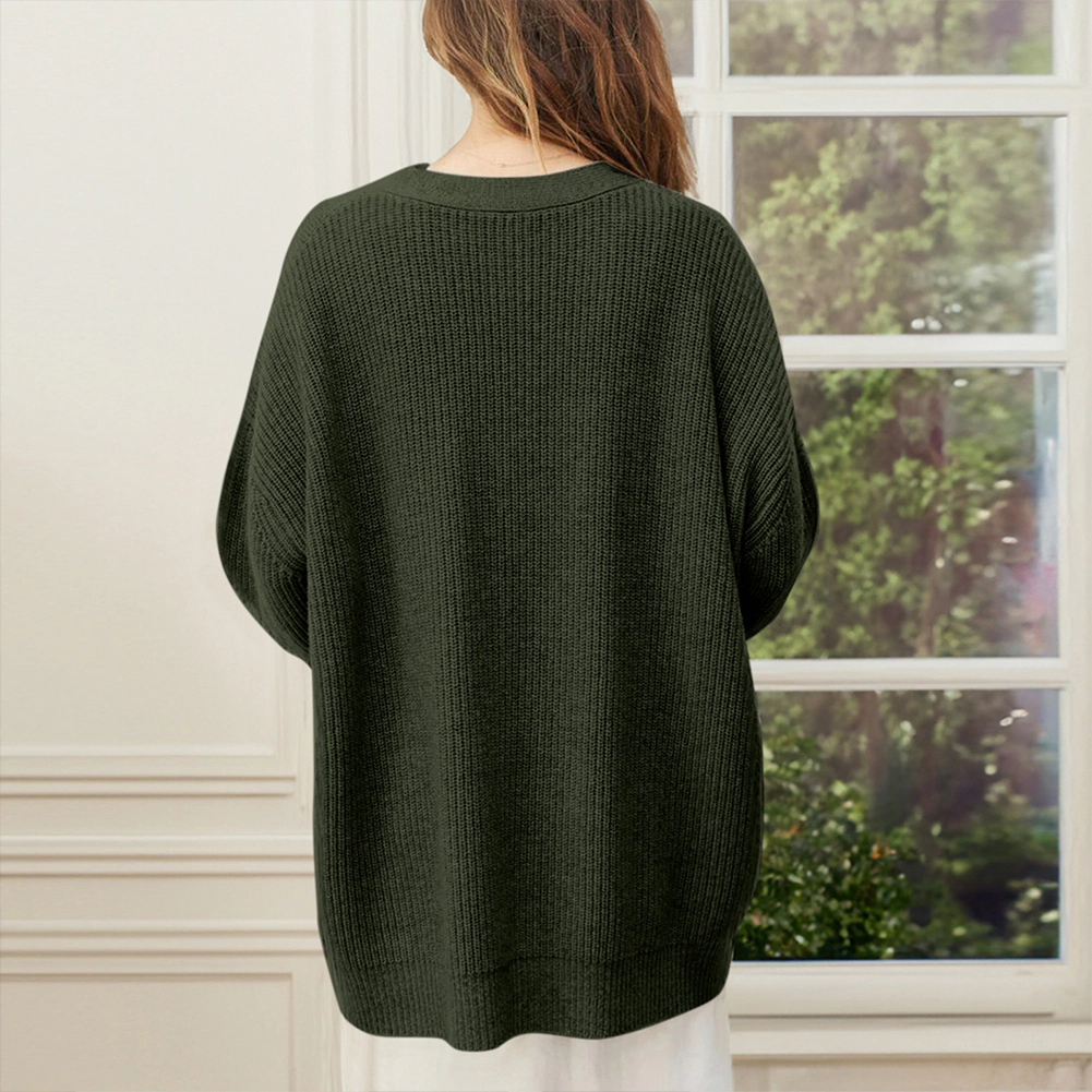KOJOOIN Women Oversized V Neck Knit Cardigan Ribbed Button Down Sweater Jacket Mid‑Length Loose Outerwear