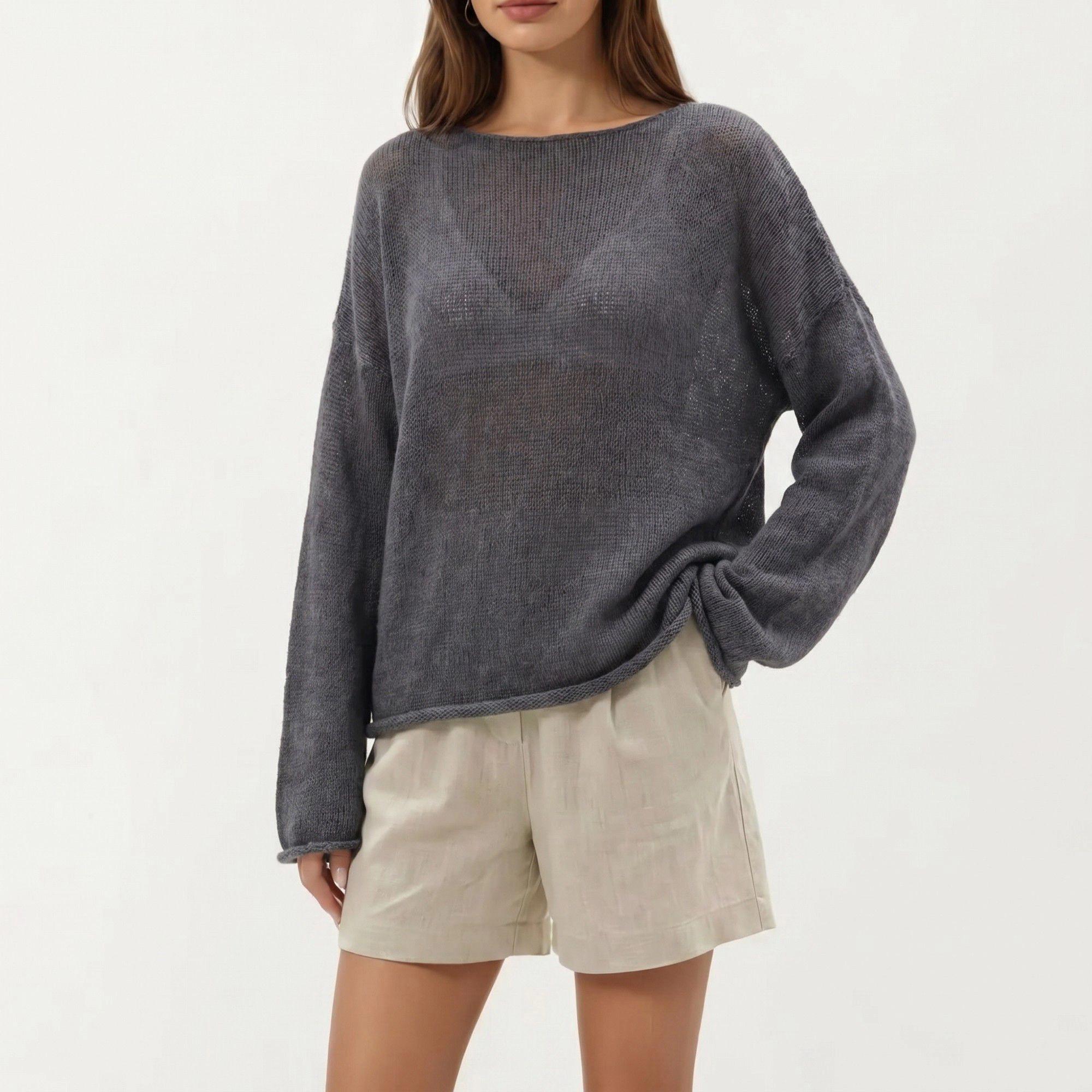 Anna-Kaci Women's Lightweight Open Knit Long Sleeve Sweater Top with Relaxed Fit and Subtle Sheer Texture