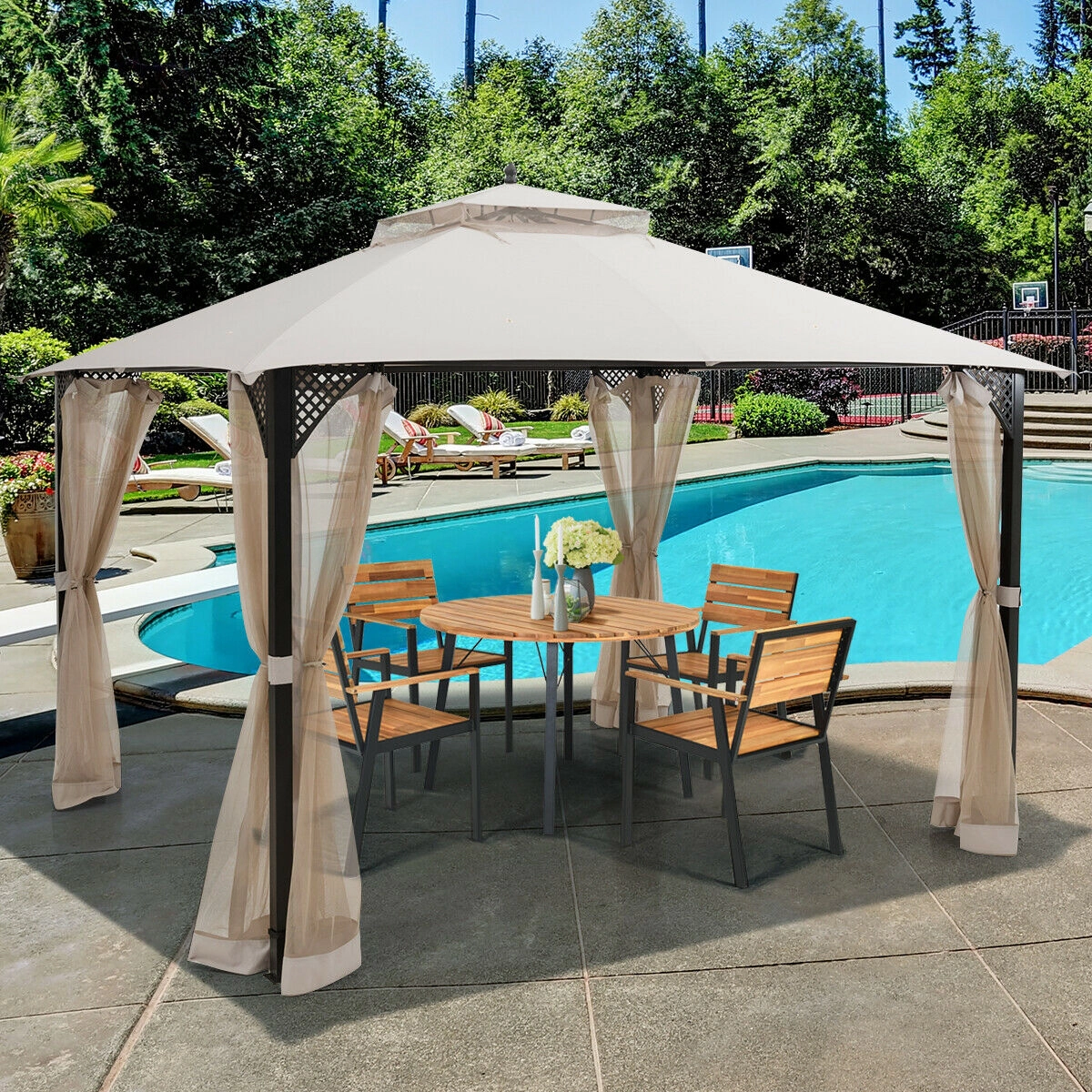 SUGIFT Beige Steel Frame and 8 Ground Stakes 12 x 10 ft Outdoor Double Top Patio Gazebo