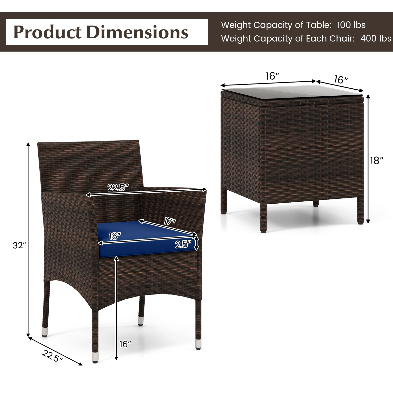 SUGIFT Outdoor Conversation Set Cushioned Seats & Glass Tabletop 400-lb Chair Capacity Mix Brown Rattan Navy Cushions