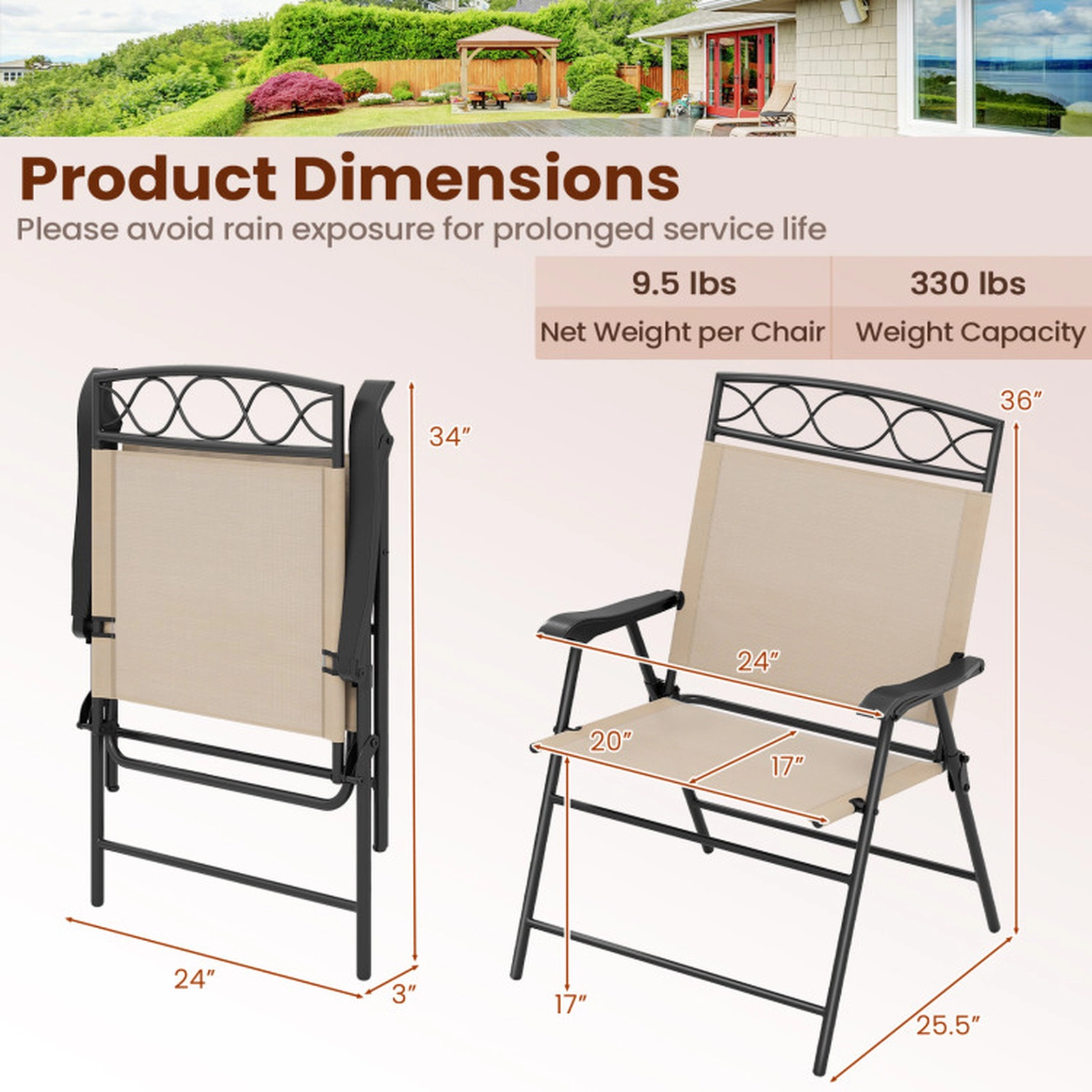 SUGIFT Set of 4 Folding Curved Armrests Metal Frame Patio Dining Chairs 25.5-in x 24-in x 36-in 330-lb Capacity Beige