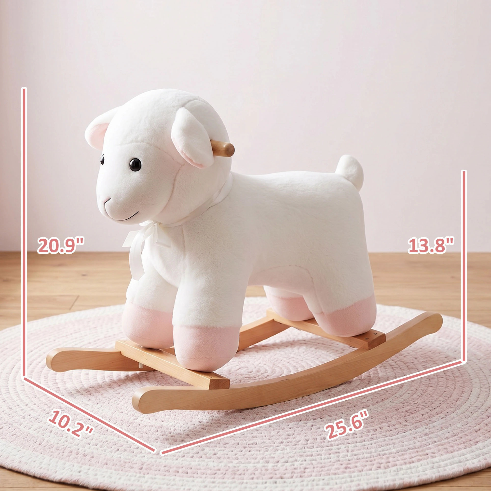 HONGGE White Plush Lamb Rocking Horse Ride-On Toy with Wooden Base for Toddlers 18 Months and Up